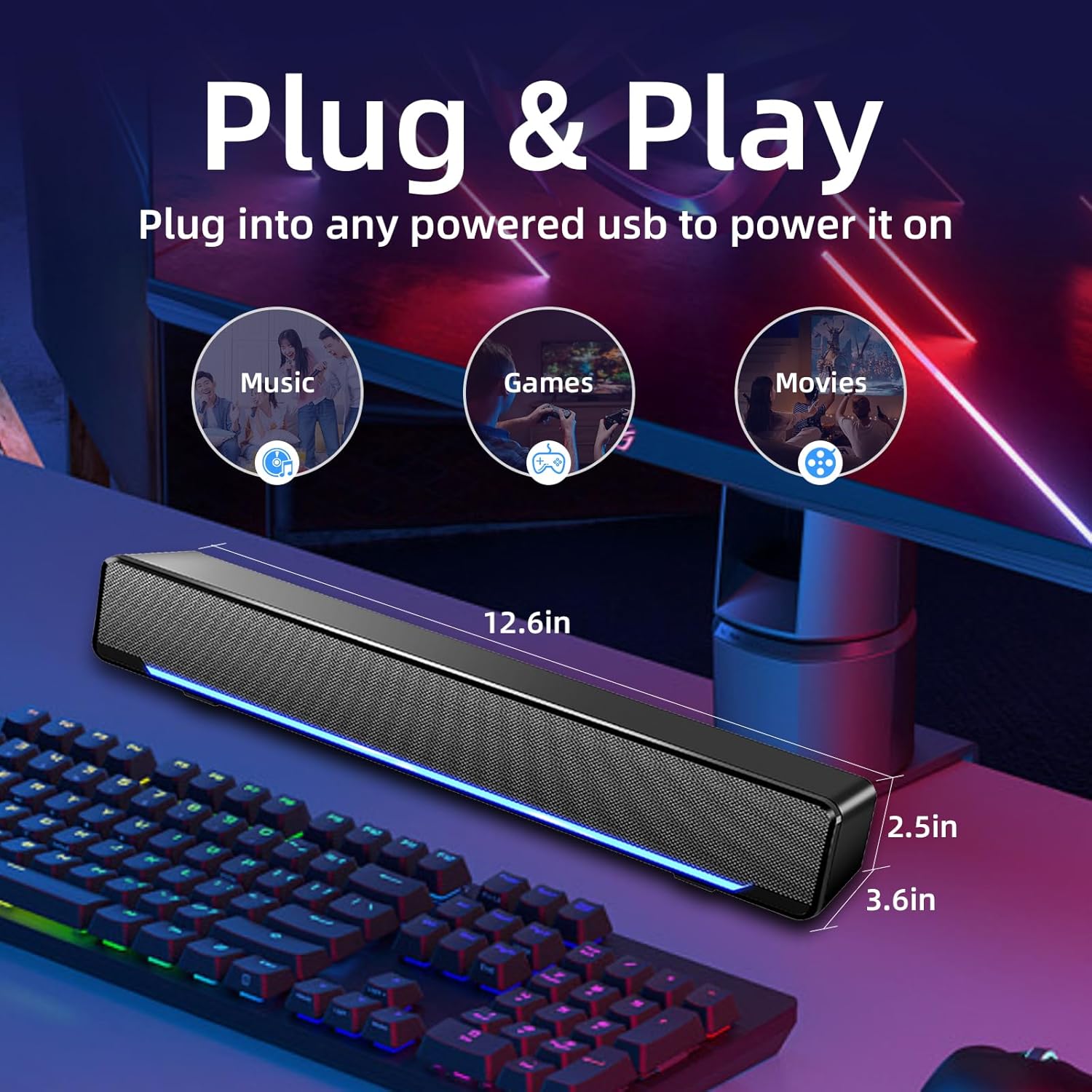 MARBOO Actualizado Altavoces de computadora para escritorio, barra de sonido Bluetooth, conexión auxiliar de 0.138 in, altavoces alimentados por USB