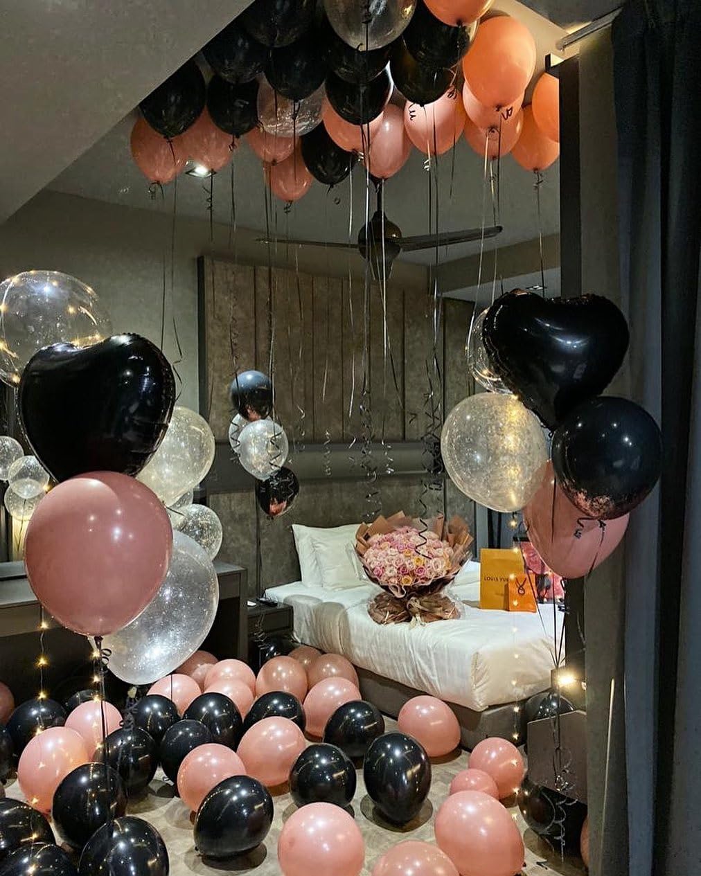 Kit de arco de globos de color rosa polvoriento y negro, 112 guirnaldas de globos de oro rosa rosa y negro con confeti dorado rosa metálico, globos