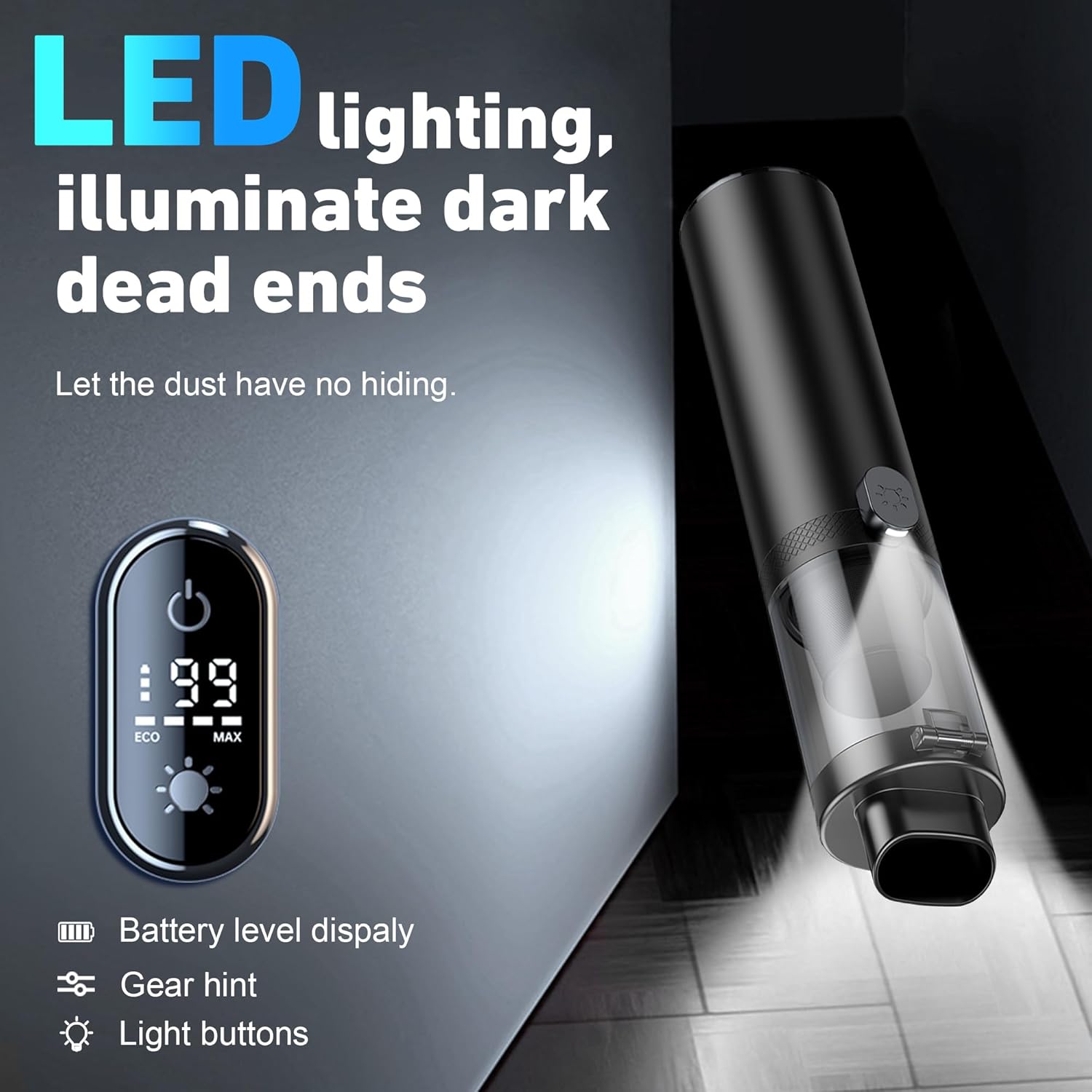 DEDC Aspiradora de coche de alta potencia, aspiradora inalámbrica de 15000 Pa portátil recargable con pantalla LED, eliminador de polvo ultraligero