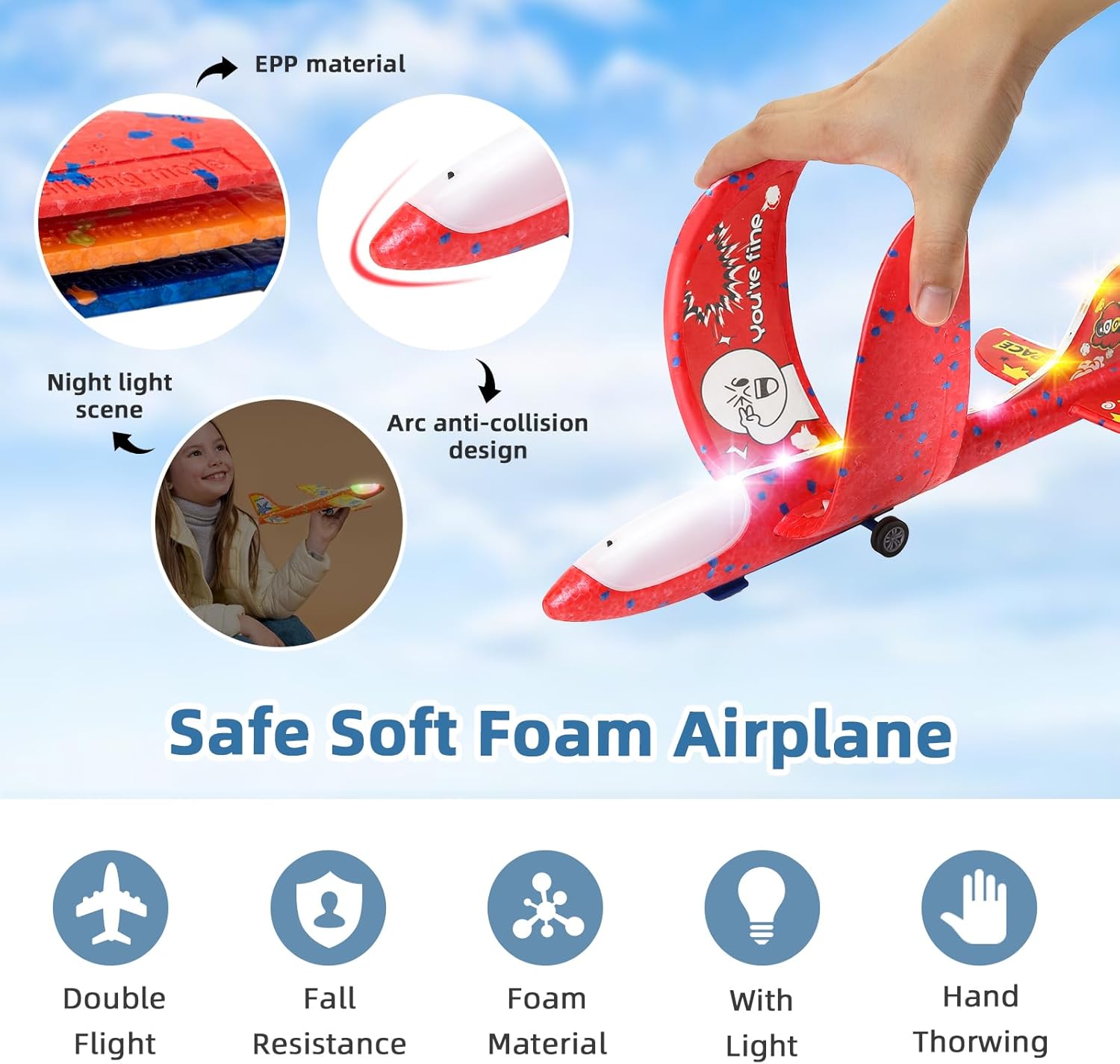 Paquete de 3 juguetes de lanzamiento de avión de espuma, avión de catapulta LED con 2 modos de vuelo, juguetes al aire libre para niños, juguetes de