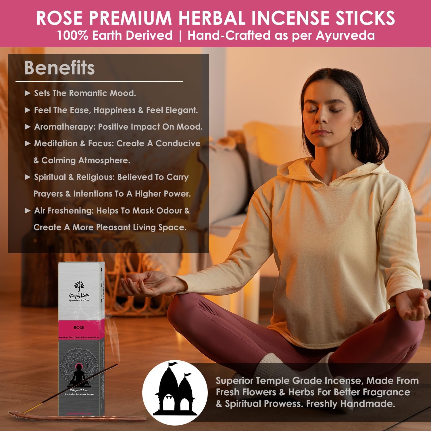 Varillas de incienso rosa de 8.82 oz (aproximadamente 135 varillas de incienso de alta calidad + soporte de incienso)  Dura 60 minutos, ideal para