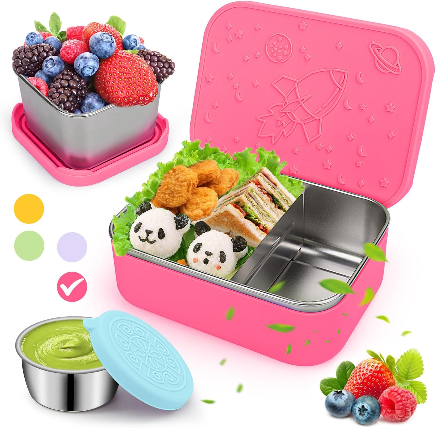 Juego de 3 cajas de almuerzo Bento de acero inoxidable, a prueba de fugas, cajas de almacenamiento de alimentos de metal dividido de 28.7 onzas con