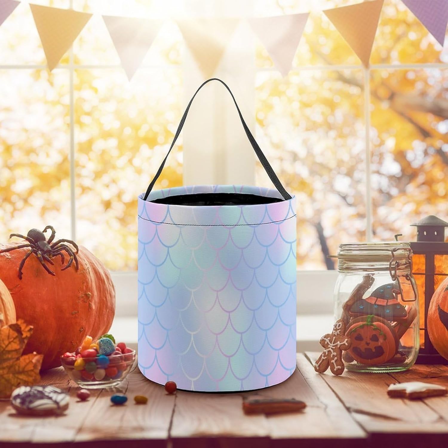 SLNFDKND Cubo de cubo de Halloween con diseño de sirena arcoíris, bolsa de dulces para niños, decoraciones de Halloween