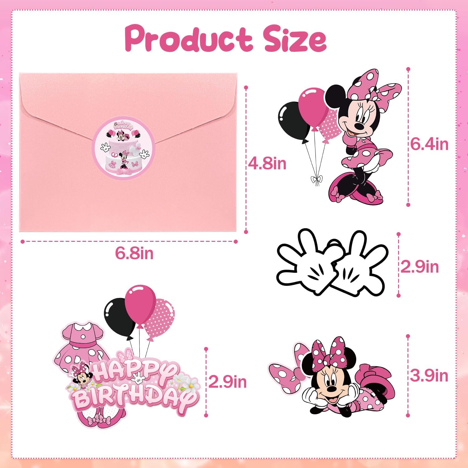 EnlSinr 9 piezas de decoración de pastel de Minnie rosa para niñas, lazo rosa y guantes blancos, decoración de cumpleaños de ratón, decoración de
