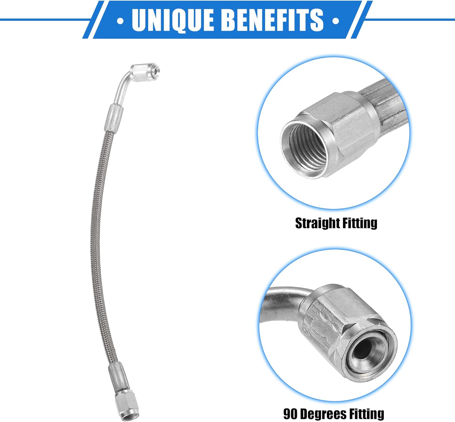 AN3 – Línea de alimentación de aceite turbo de acero trenzado de 90 grados a extremo de manguera recta, turbocompresor remoto de 9 pulgadas, línea