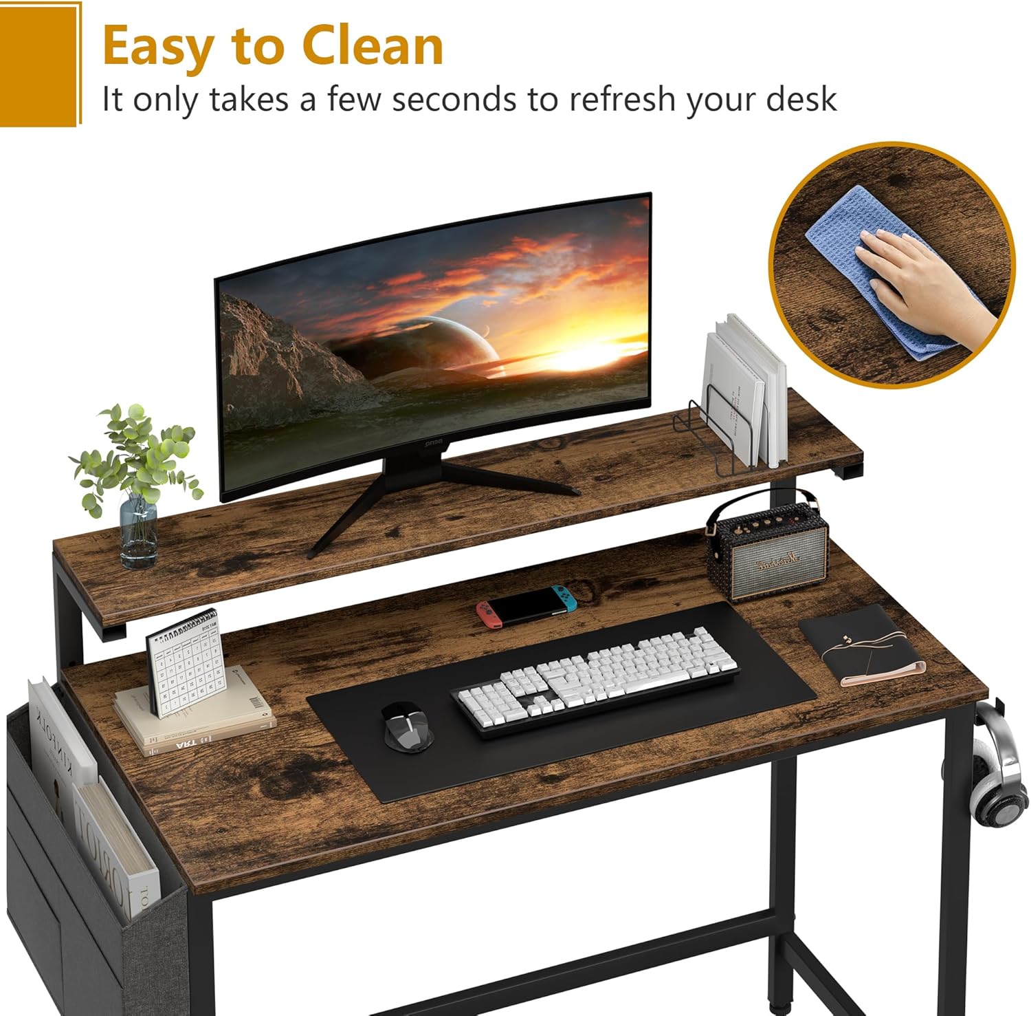 Shintenchi Escritorio para computadora de 40 pulgadas con soporte para monitor, escritorio de escritura de diseño estable, estación de trabajo de