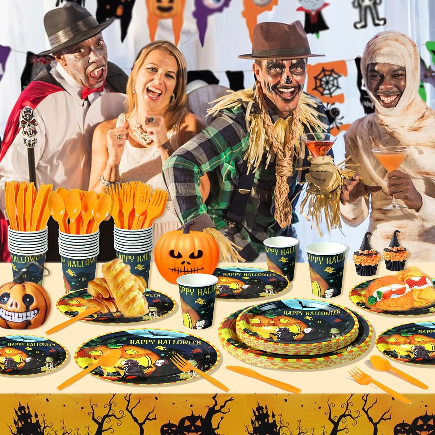 150 piezas de suministros para fiesta de Halloween, decoraciones de fiesta de Halloween (sirve 25), juego de vajilla desechable para niños, incluye