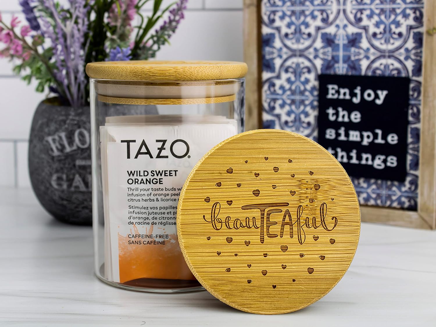 Recipientes herméticos de vidrio para almacenamiento de alimentos de 18.0 fl oz con tapa de bambú grabada personalizada, tarros decorativos de