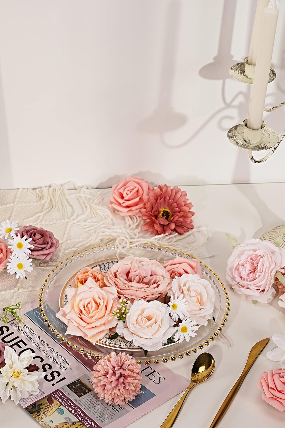 Combo de flores artificiales de seda sintética con tallos para manualidades, ramos de boda, centros de mesa, arreglos de mesa, decoración de novia,