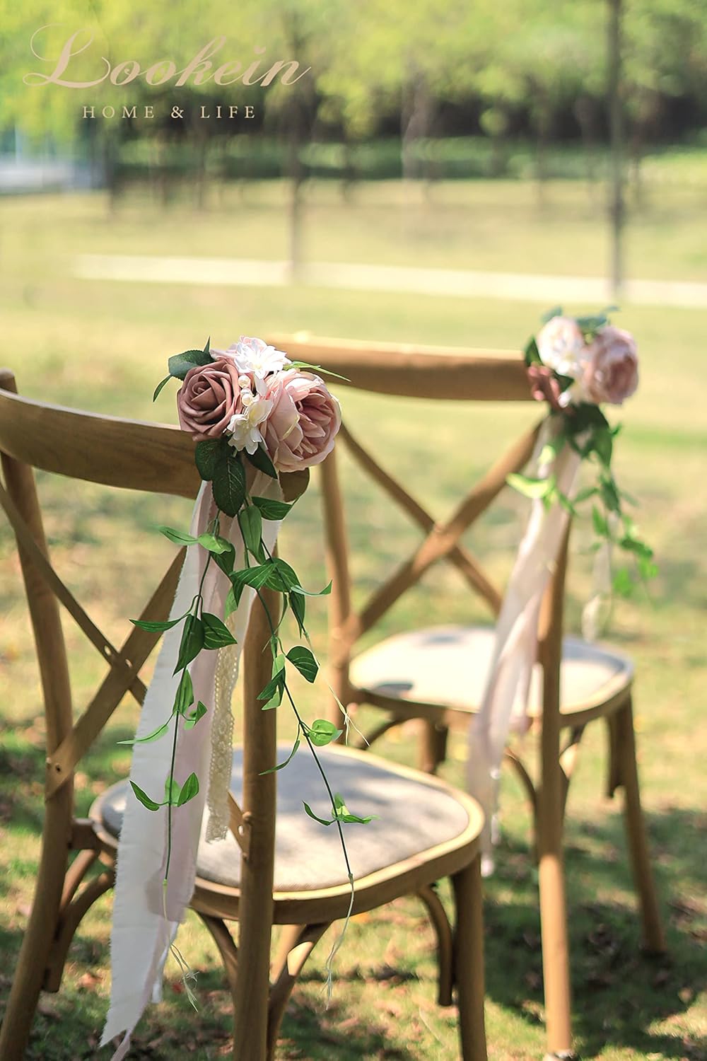Lookein Juego de 8 flores de banco para ceremonia de boda, decoración de silla, decoración de banco, decoración de silla de pasillo de boda, rosa