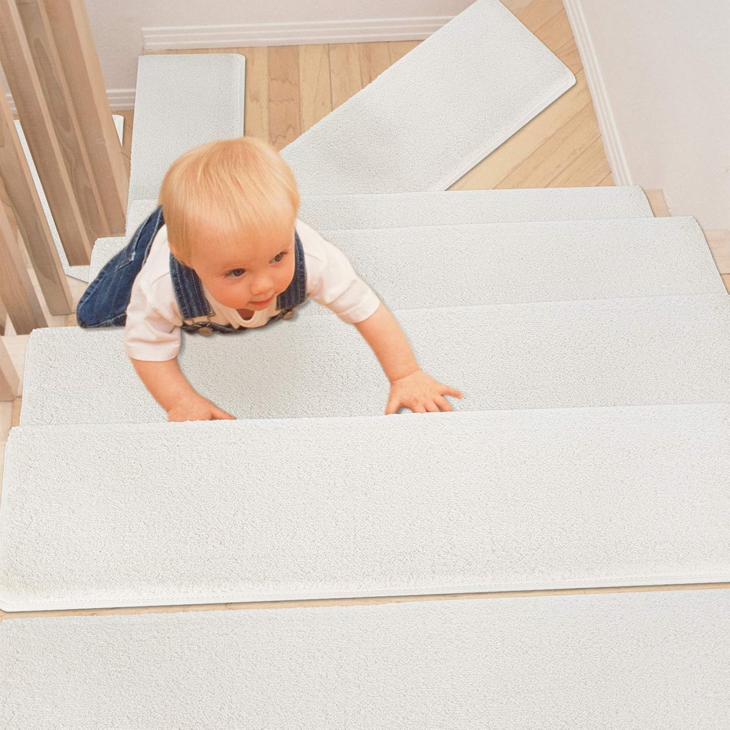 PURE ERA Protectores de escalera para interiores ultra afelpados, suaves, para interiores, aptos para mascotas, cinta antideslizante, sin lavable,