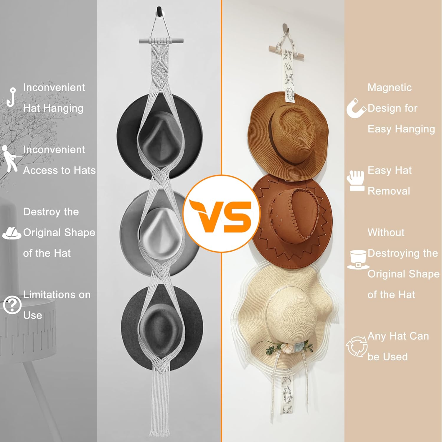 Perchas para sombreros de pared con diseño magnético para colgar en la pared, organizador de gorras para sombreros de ala ancha y varios sombreros