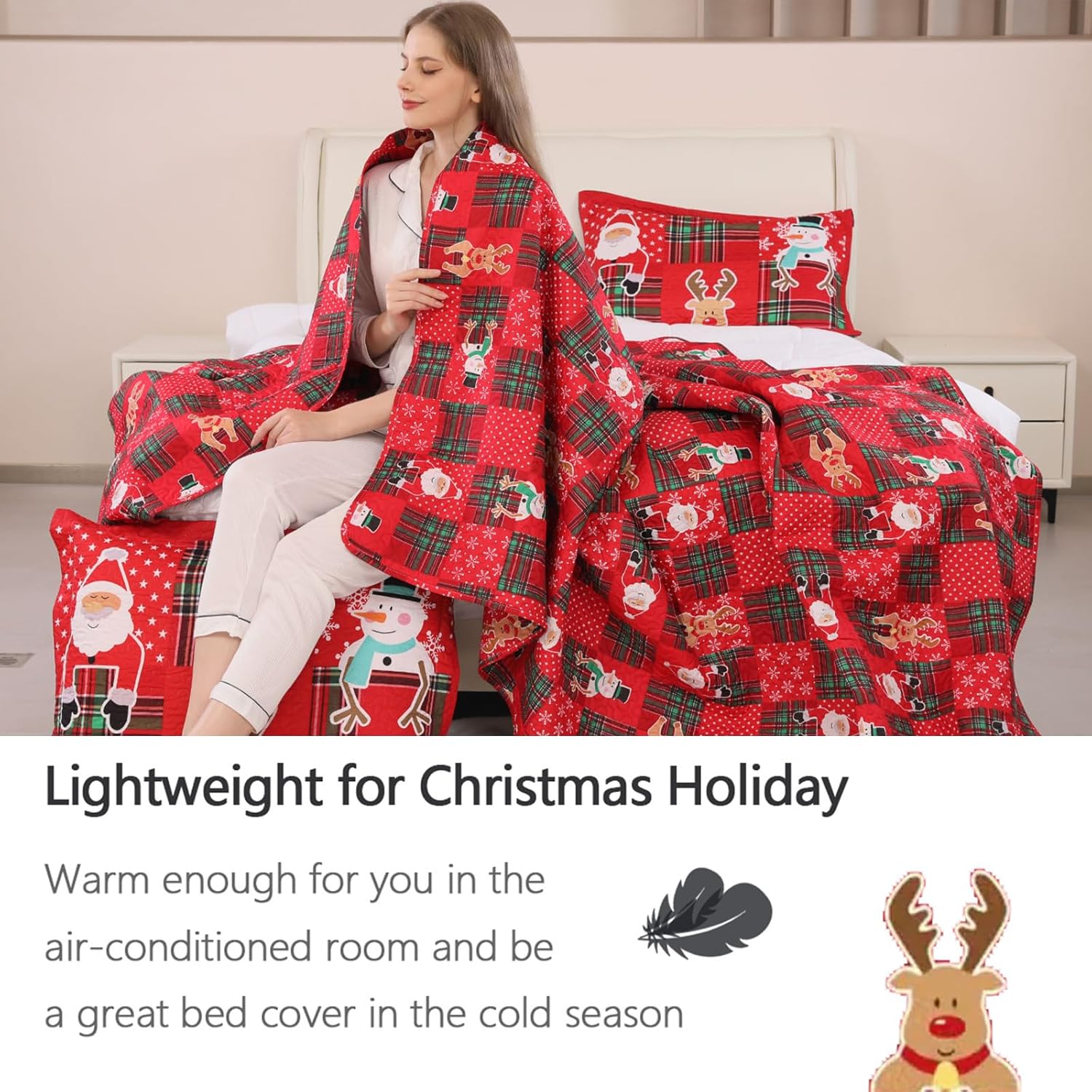 Colchas reversibles de Papá Noel de Navidad, color rojo, verde, tamaño King, diseño de reno, muñeco de nieve, colcha a cuadros, regalo de Año Nuevo,