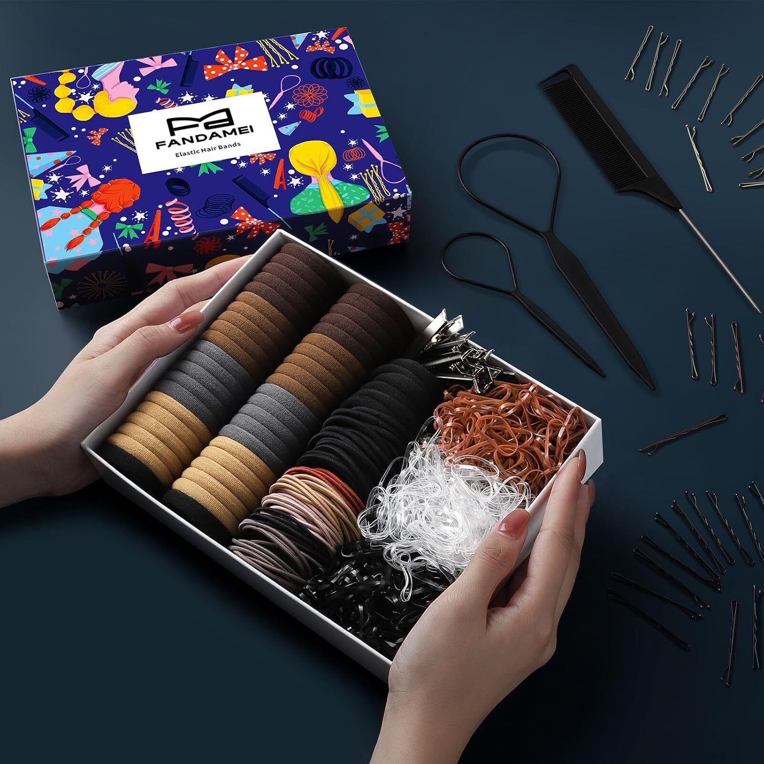 FANDAMEI Kit de lazos elásticos para el cabello, accesorios para el cabello para mujeres con bandas elásticas para el cabello, lazos negros para el