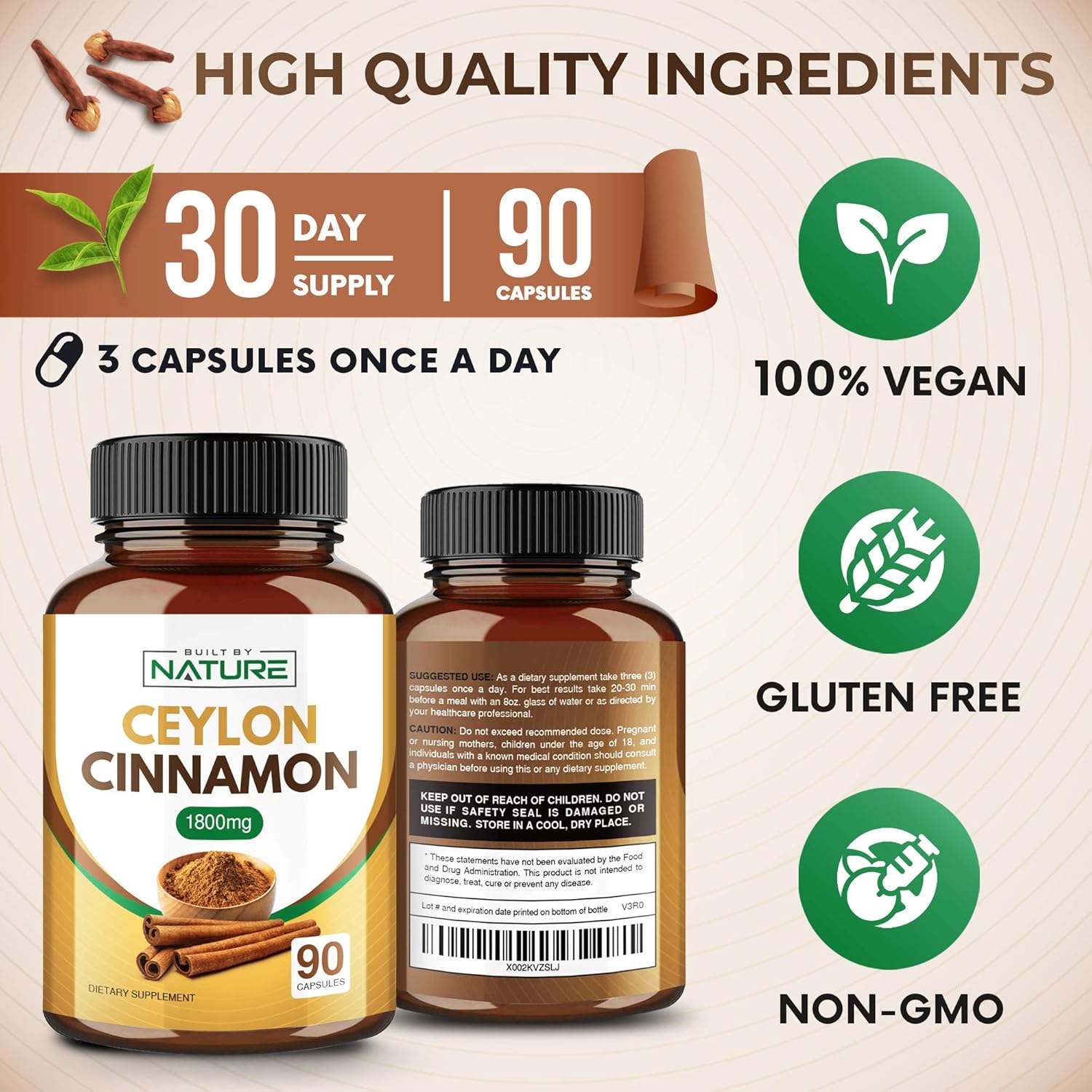 Suplemento de canela de 1800 mg con polvo de canela de Ceilán orgánico de alta potencia, apoya el metabolismo del azúcar y la salud cardíaca,