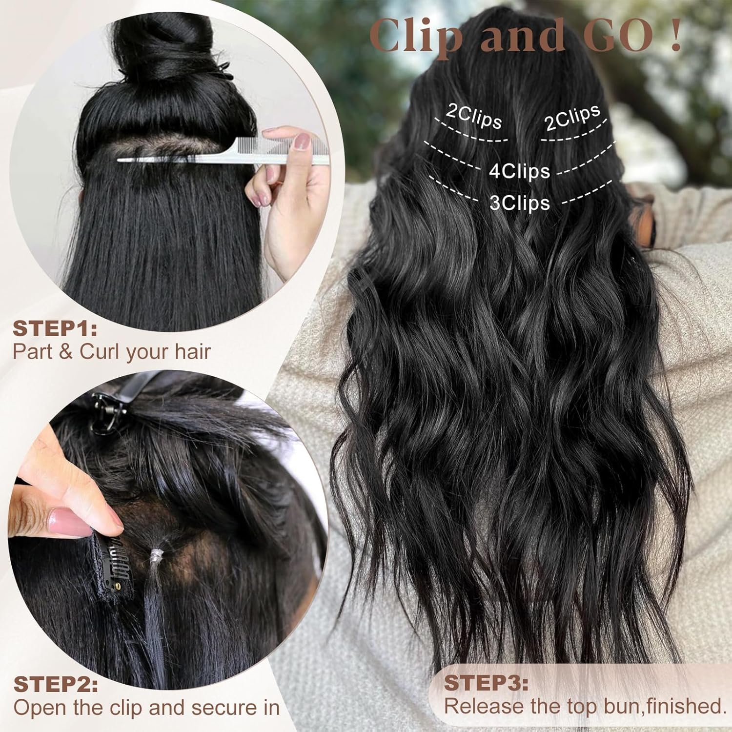 ALXNAN Extensiones de cabello con clip, extensiones de cabello largo ondulado de 20 pulgadas, color negro, 4 piezas gruesas para mujer