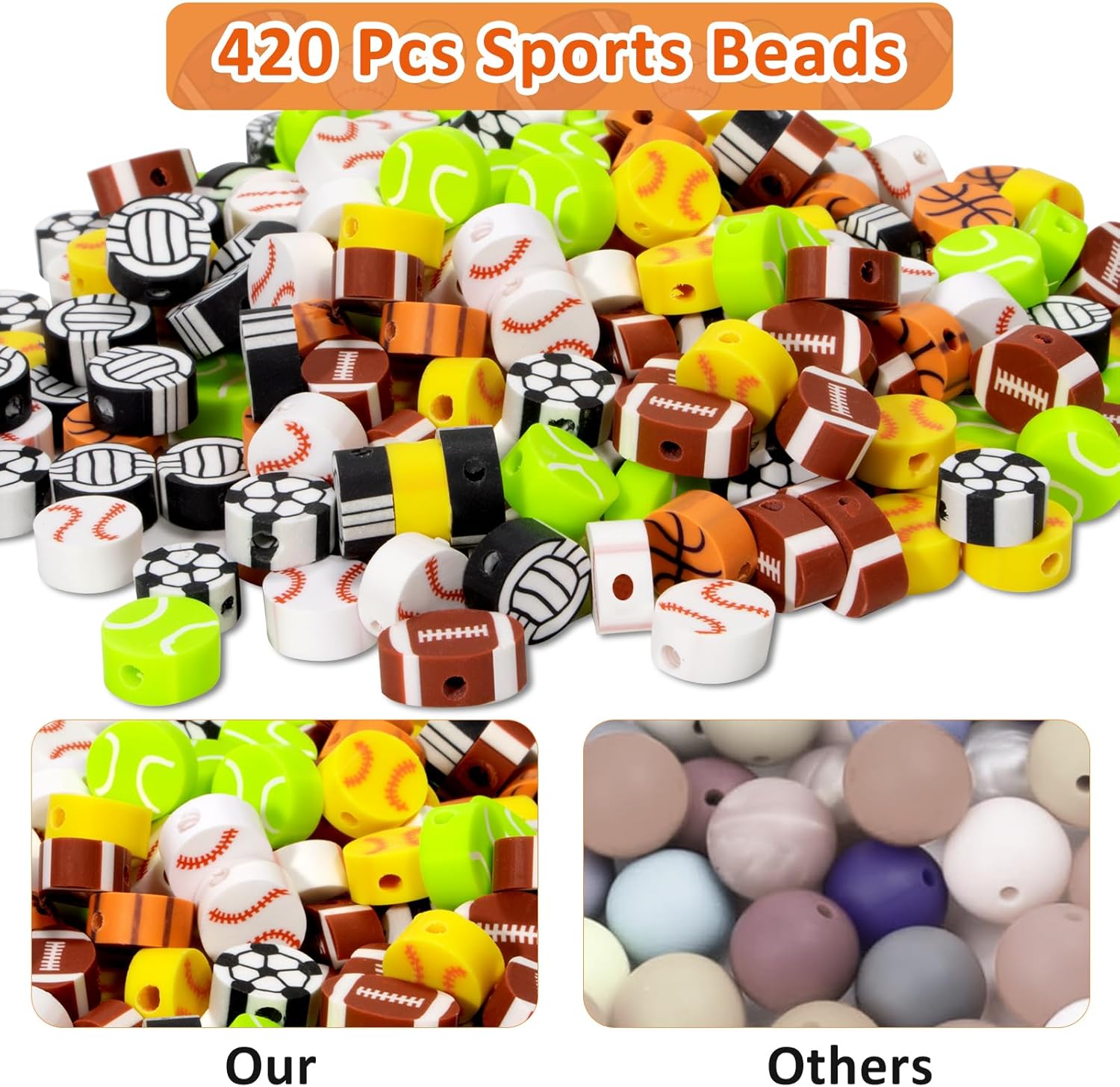 420 cuentas deportivas de arcilla polimérica deportiva, baloncesto, fútbol, tenis, voleibol, béisbol, fútbol, manualidades, cuentas con cuerda