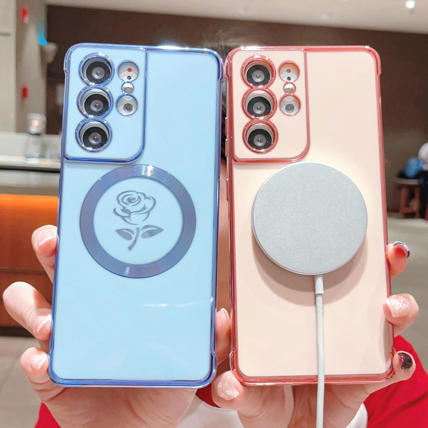 XAYAH Funda ultra magnética para teléfono Samsung Galaxy S21 compatible con MagSafe, bonita funda de flor de rosa para mujer, cubierta de silicona