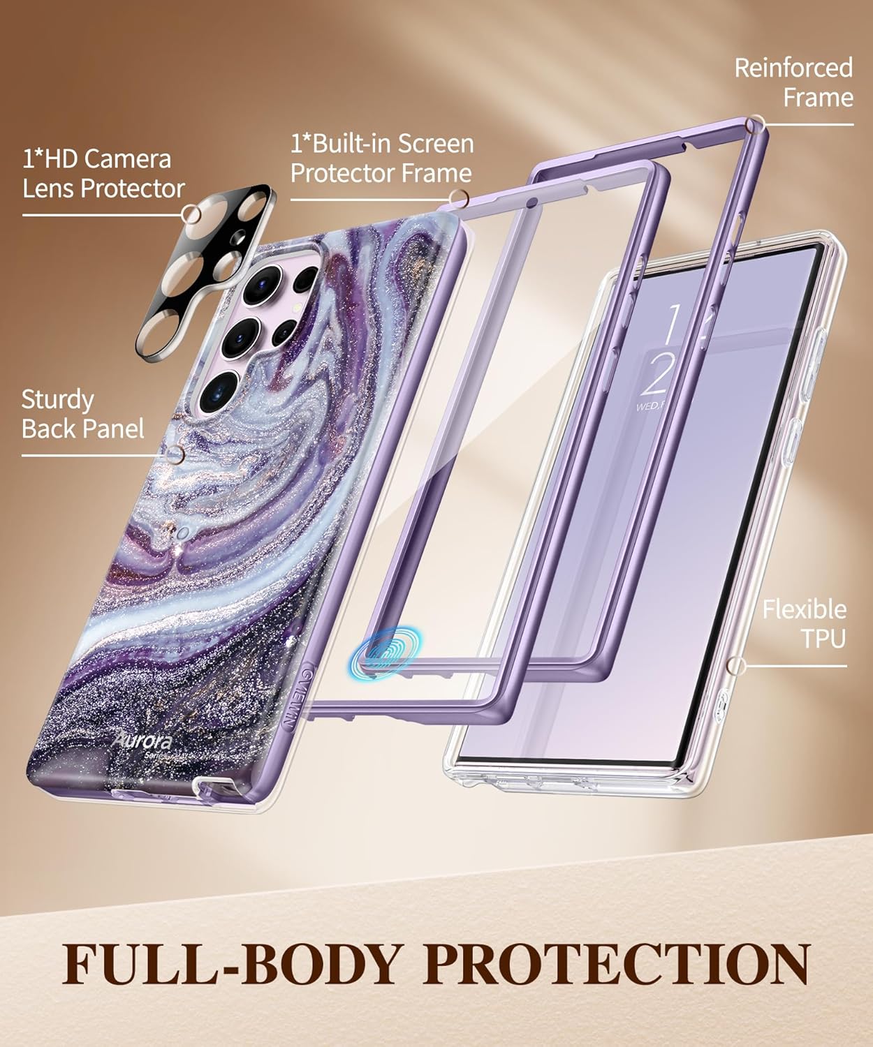 GVIEWIN Funda para Samsung Galaxy S23 Ultra 5G de 6.8 pulgadas, protector de pantalla integrado + protector de lente de cámara 2 marcos frontales de