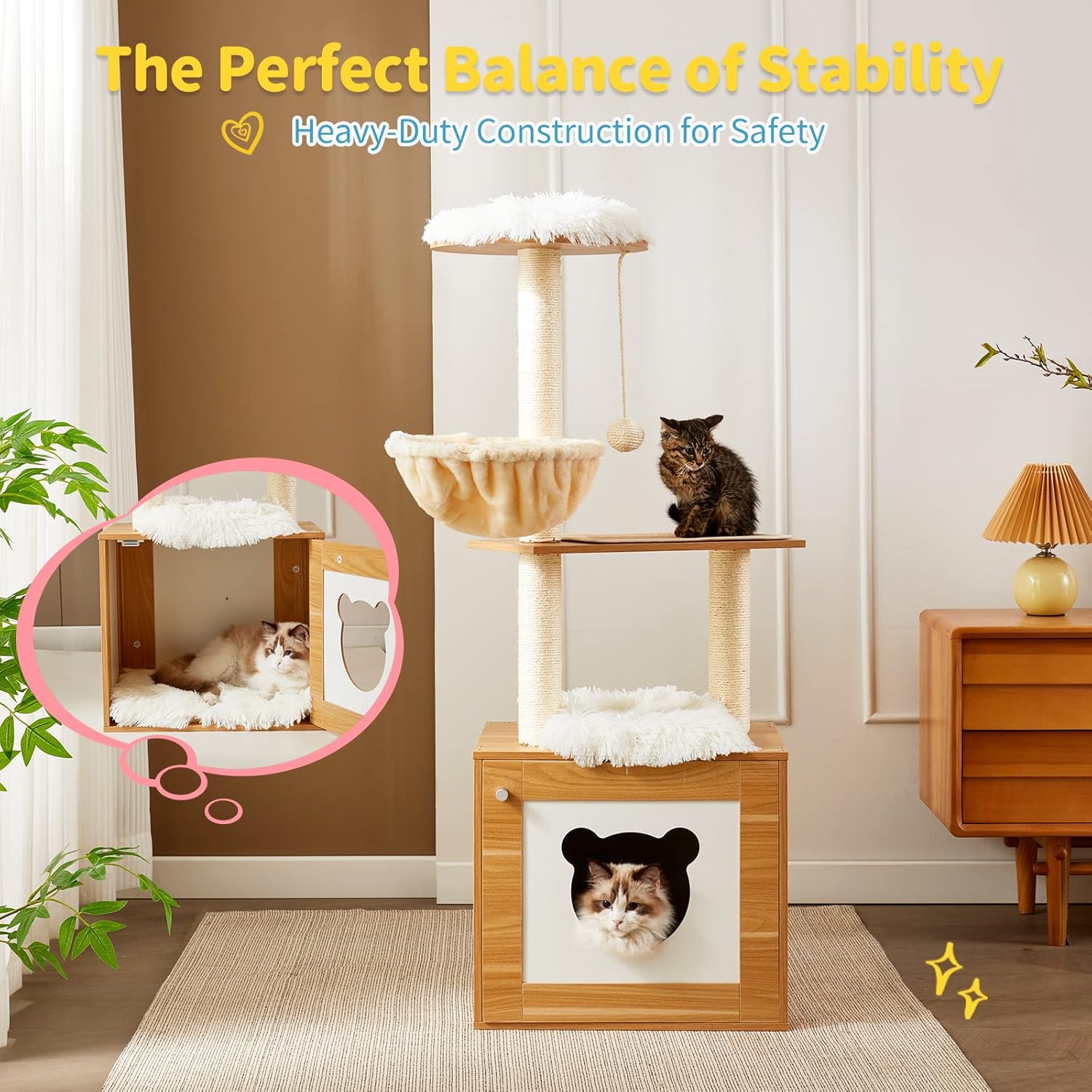 Made4Pets – Árbol para gatos con caja de arena, torre moderna 2 en 1 para gatos de interior, condominio de madera de 48.6 pulgadas con poste