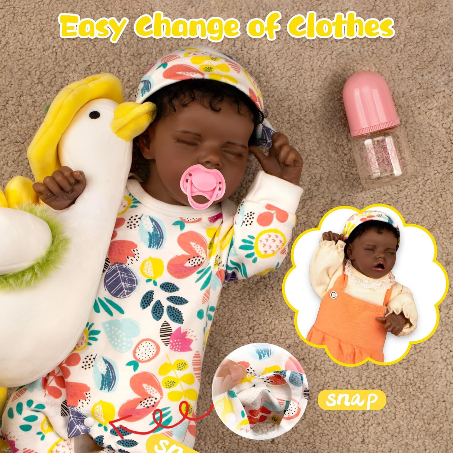 UNIH Muñecas de bebé Reborn de 18 pulgadas, realista, recién nacida, suave, de cuerpo completo, muñecas afroamericanas realistas con ropa y kit de