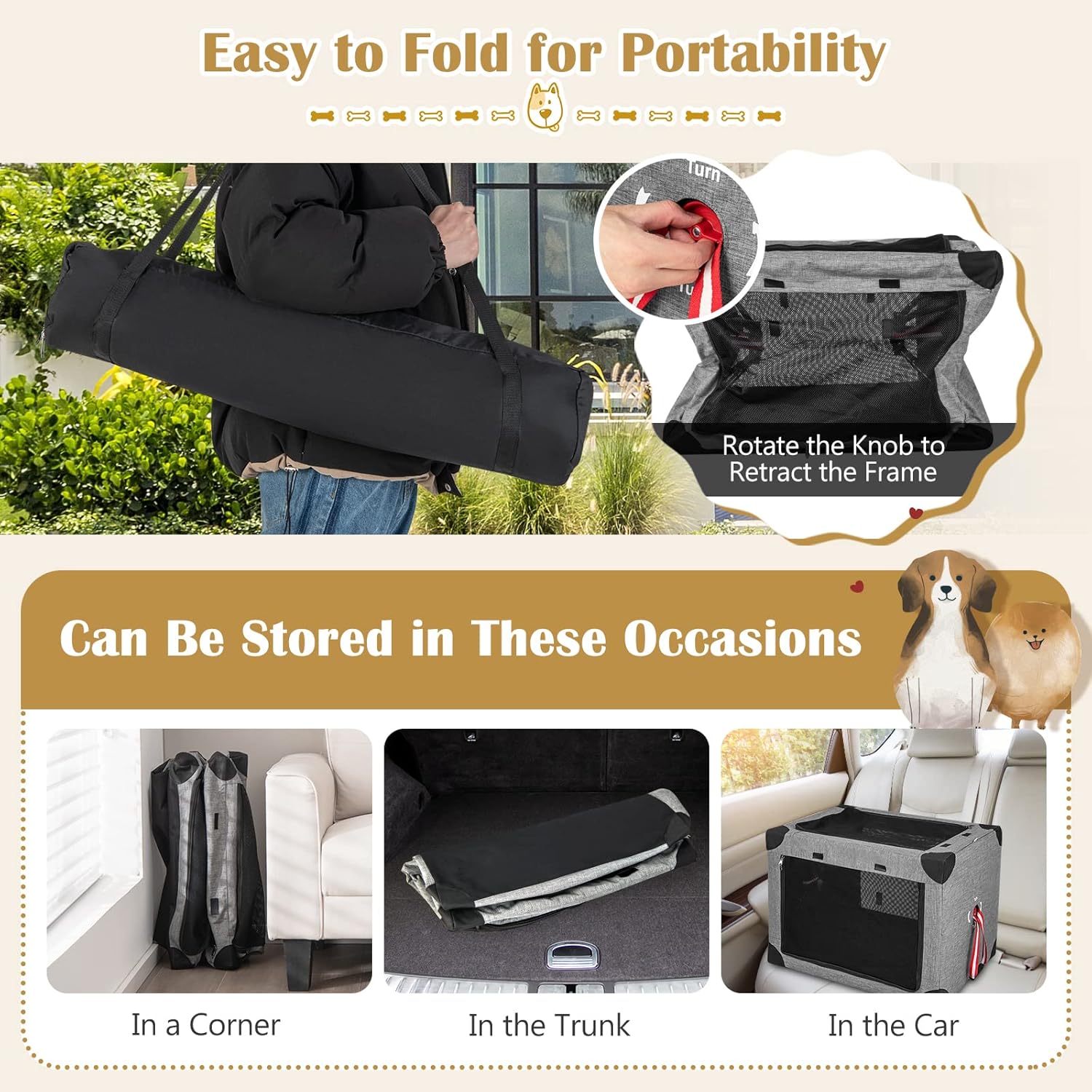 Tangkula Jaula plegable para perros de 3 puertas, suave con almohadilla extraíble y marco de metal, transportador de viaje para mascotas, lavable