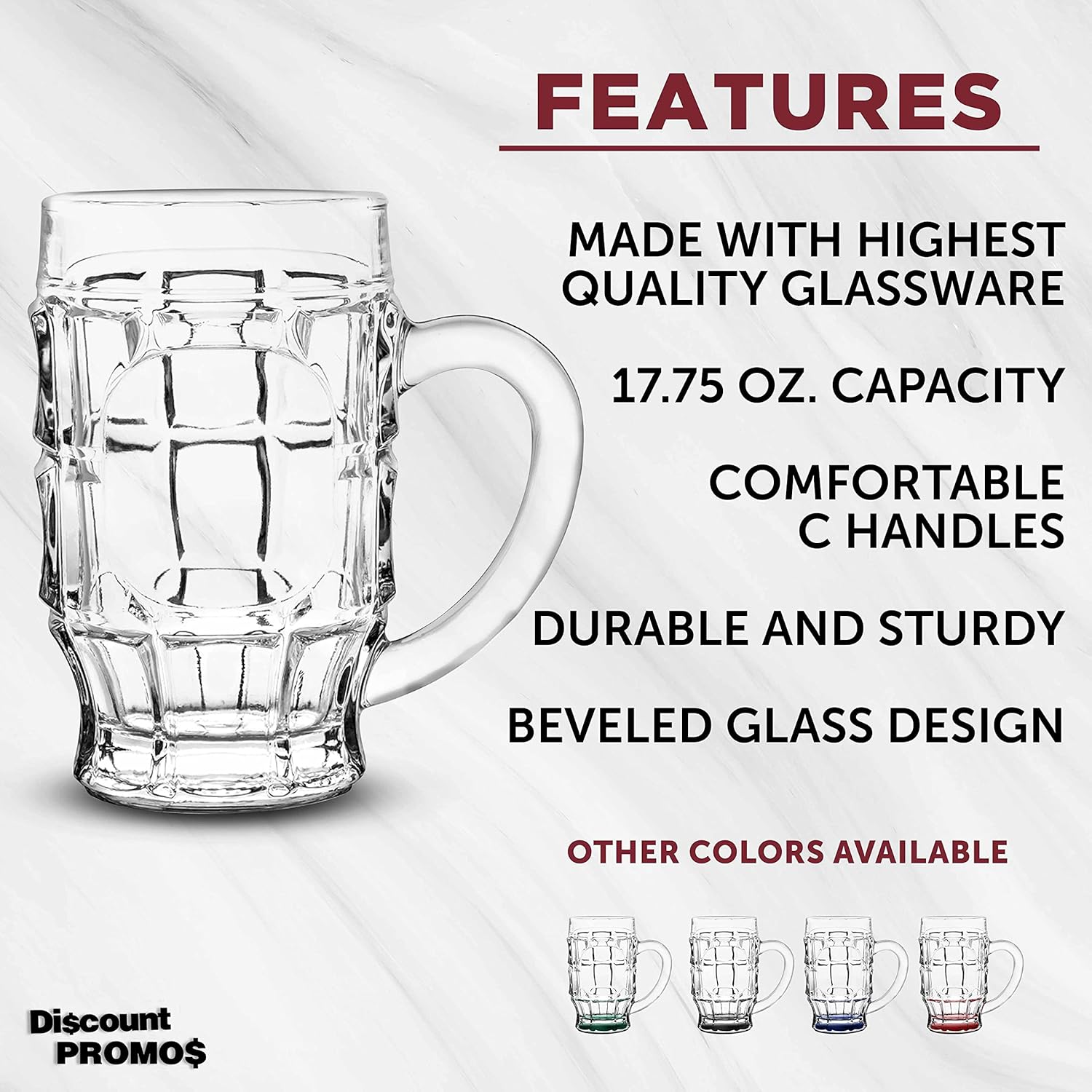 DISCOUNT PROMOS Juego de 6 tazas de cerveza de vidrio con hoyuelos de 17.75 pulgadas, paquete a granel, utensilios de bar, ideales para festivales