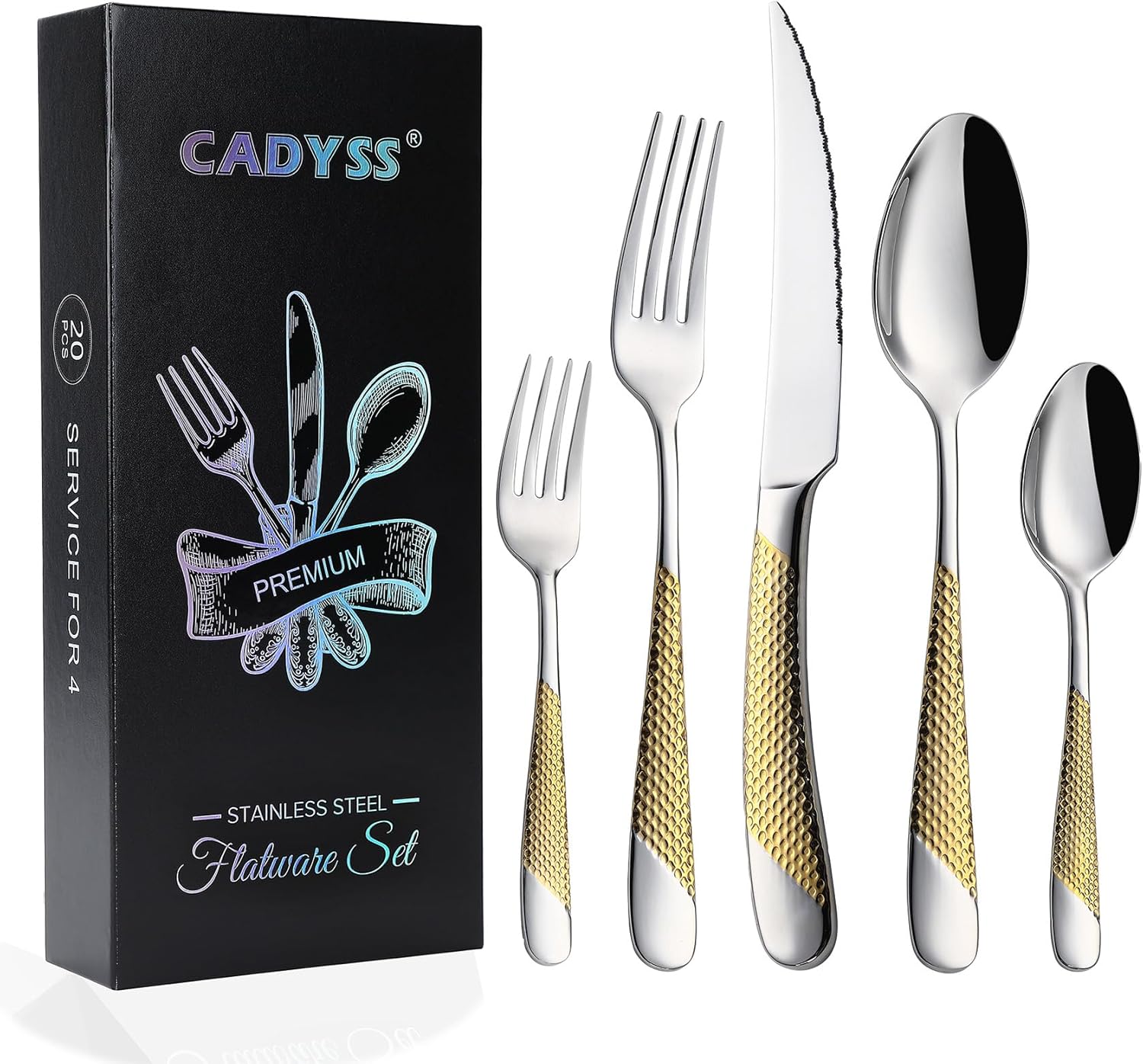 CADYSS Juego de cubiertos de alta calidad, 20 piezas, juego de cubiertos dorados de acero inoxidable 1810, cubiertos martillados, servicio de