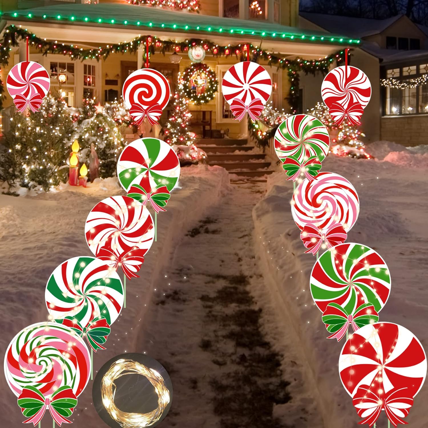 12 carteles de Navidad para patio al aire libre, decoraciones de caramelos, luces LED de menta para exteriores, estacas de Navidad, adornos