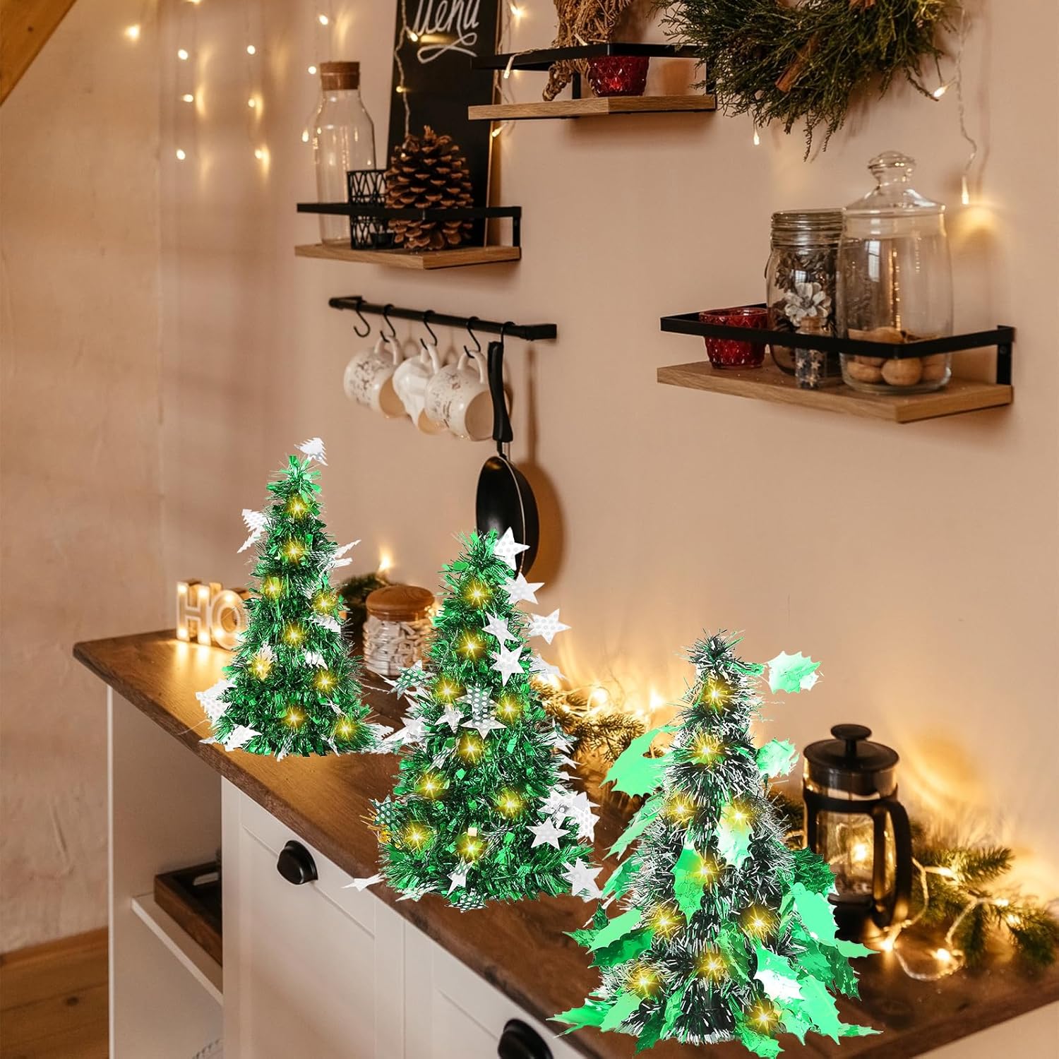 Mini árbol de Navidad, árbol de Navidad de oropel artificial con luces, árbol de Navidad de mesa, funciona con pilas, pequeño árbol de Navidad para