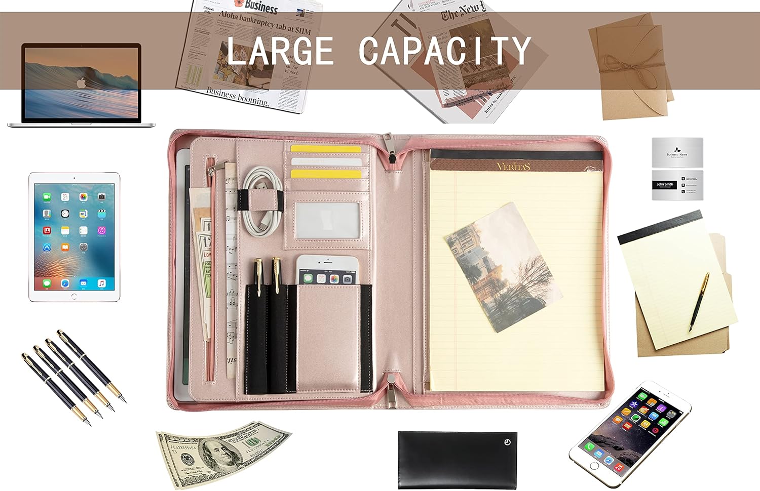 Portafolio de cuero personalizado con cremallera, cartera de negocios profesional con soporte para bloc de escritura de letras A4US para