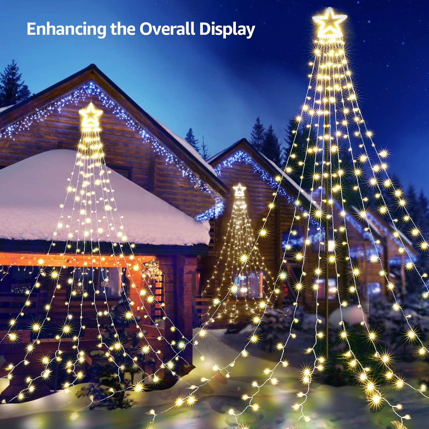 BlcTec Decoraciones de Navidad al aire libre, 317 luces LED de Navidad con 9 hebras de luces de cascada de 11.9 pies, 8 modos, impermeable, estrella