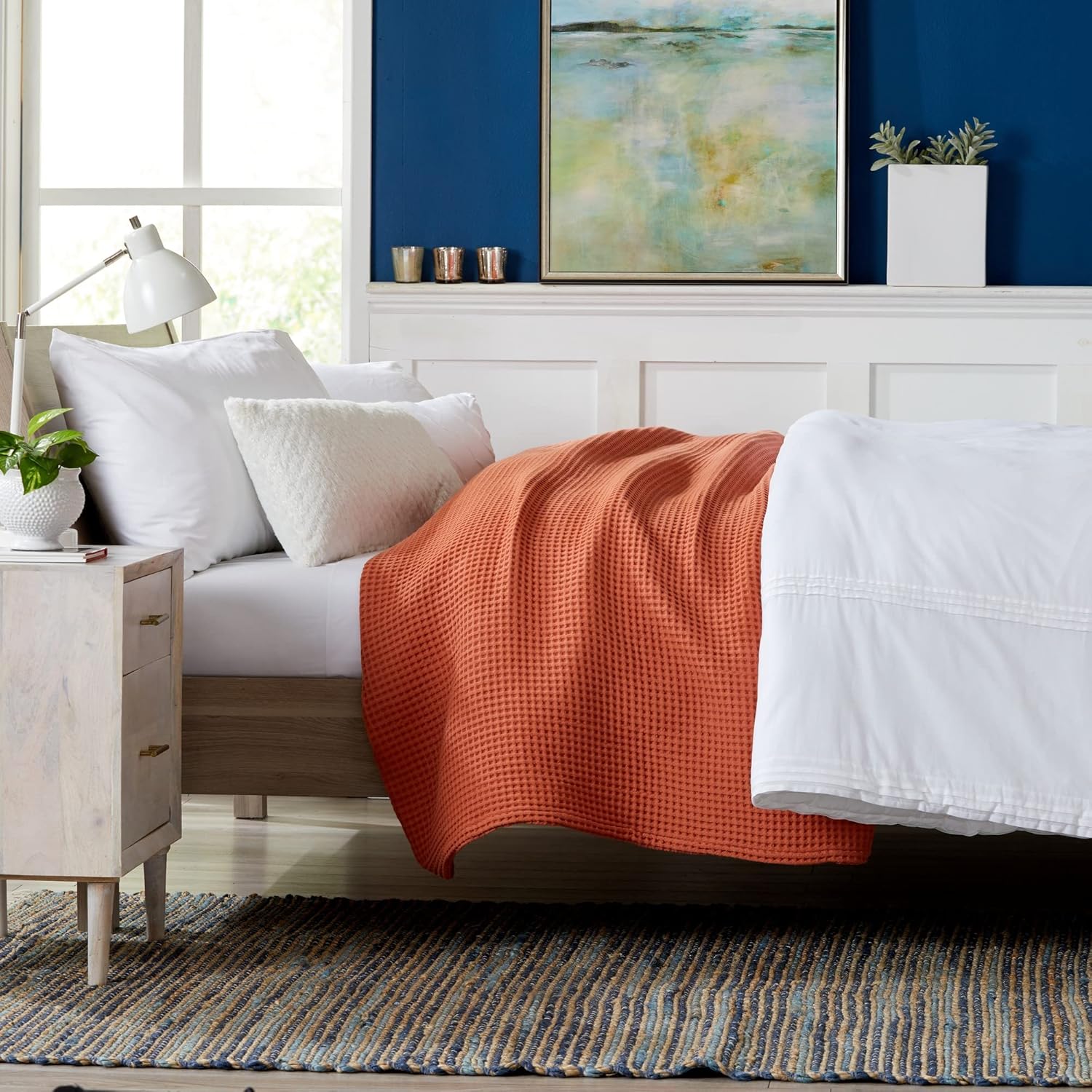 Manta de cama 100 % algodón con tejido de gofre, suave, transpirable y ligera para todas las estaciones, perfecta para usar en capas, colección