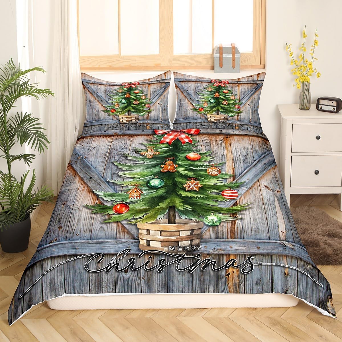 Manfei Juego de funda de edredón para niños con árboles de Navidad, tamaño King, juego de ropa de cama rústica con puerta de madera estilo granero,