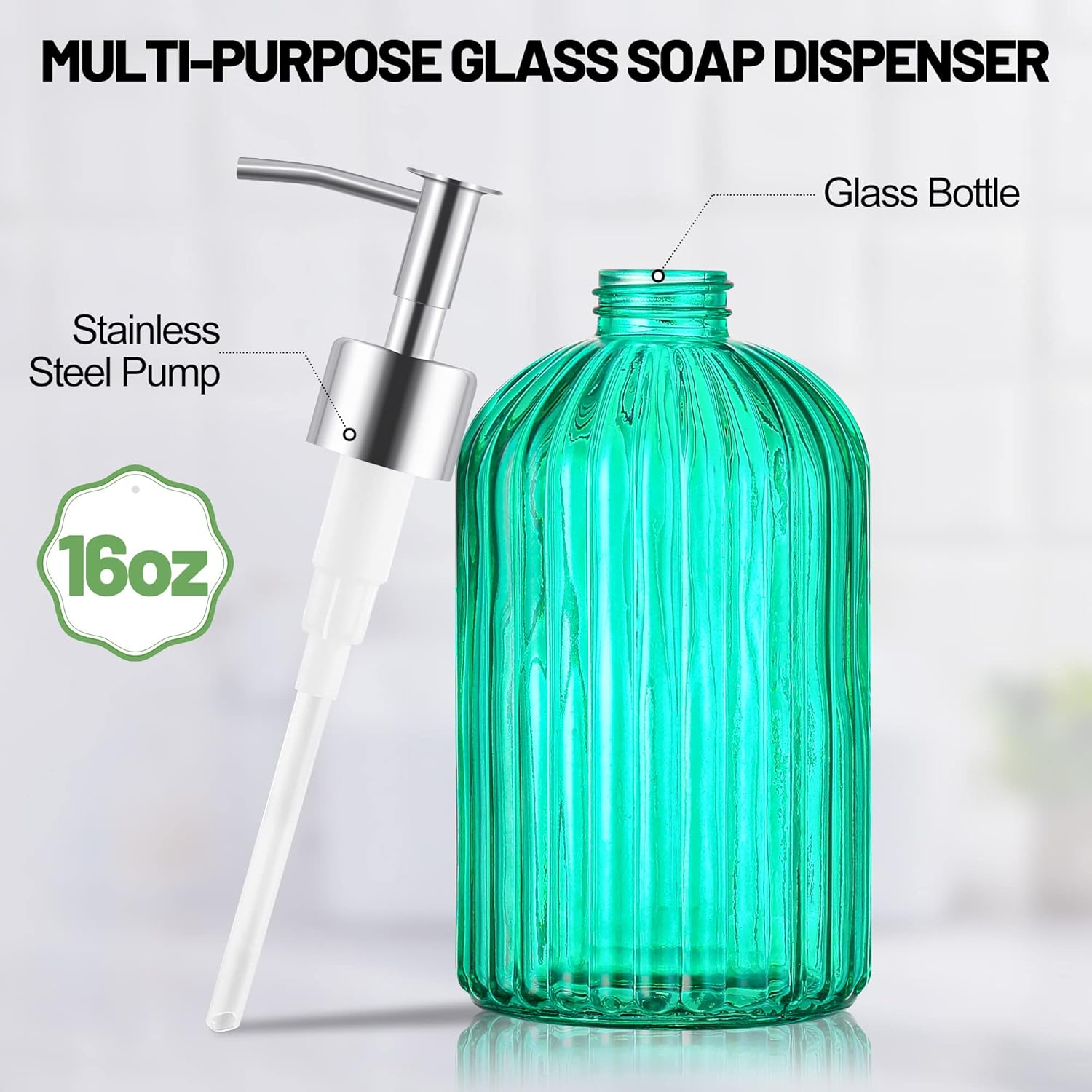 Dispensador de jabón de vidrio transparente de 16 onzas con cabezal de bomba a prueba de óxido, ideal para dispensar varios líquidos como jabón de