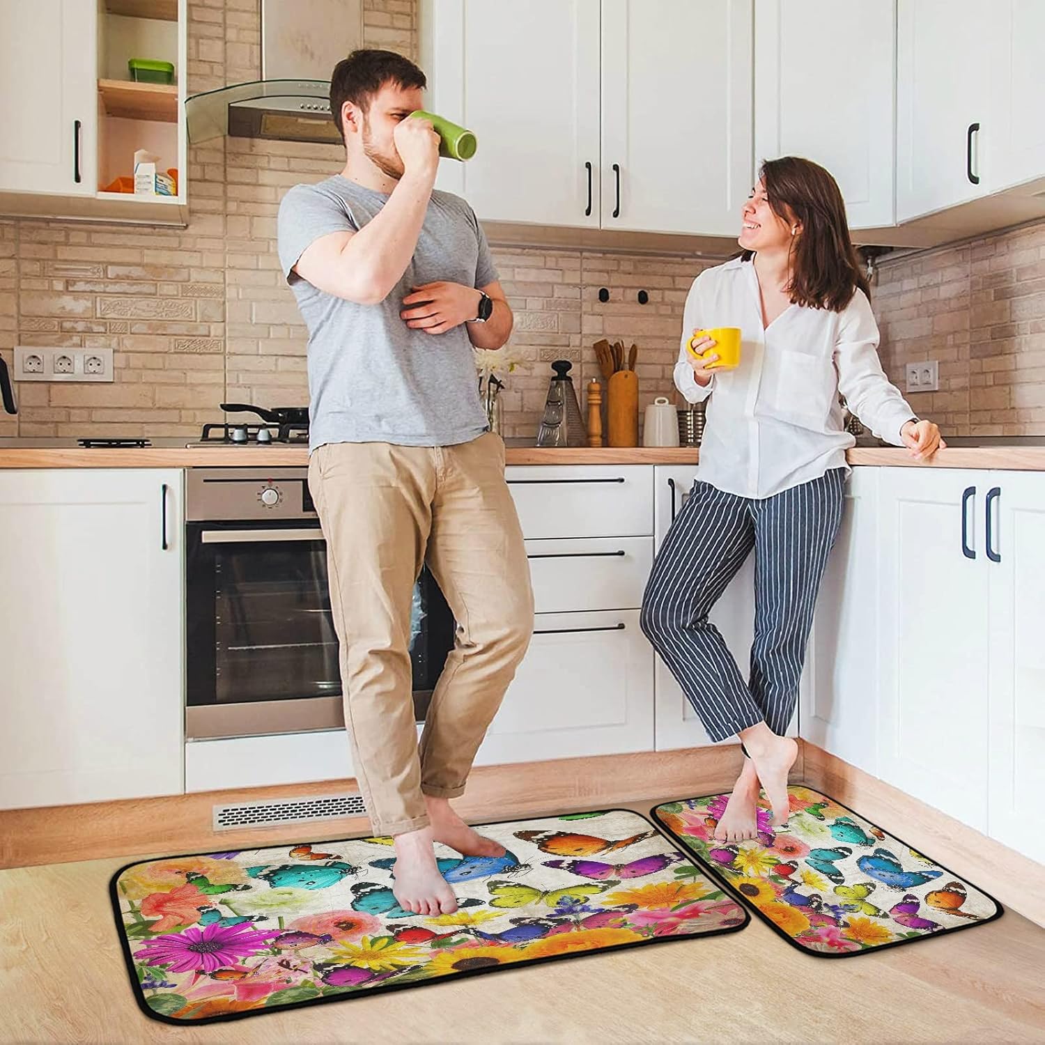 Juego de 2 alfombras de cocina de flores de primavera, diseño de girasol, tapete lavable perfecto para sala de estar, dormitorio, entrada