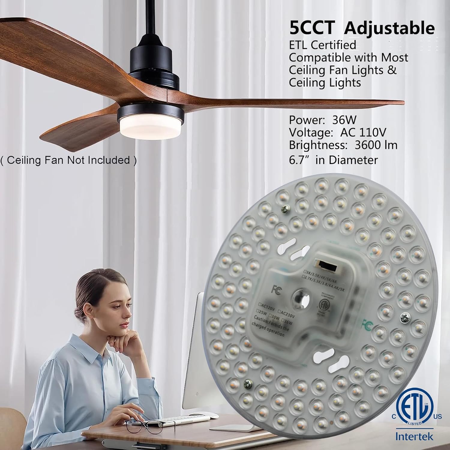 Ventilador de techo LED regulable de 36 W, 5 CCT, luz empotrada, kit de reacondicionamiento del motor, bombilla fluorescente circular de panel LED