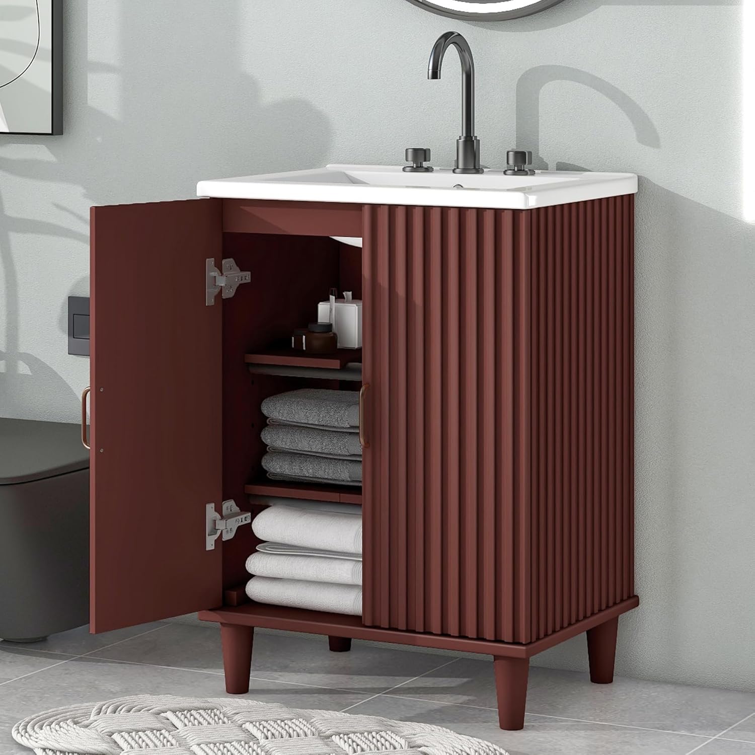 Conjunto de tocador de baño de 24 pulgadas con lavabo, moderno juego de gabinete de baño pequeño individual con 2 puertas de cierre y estante