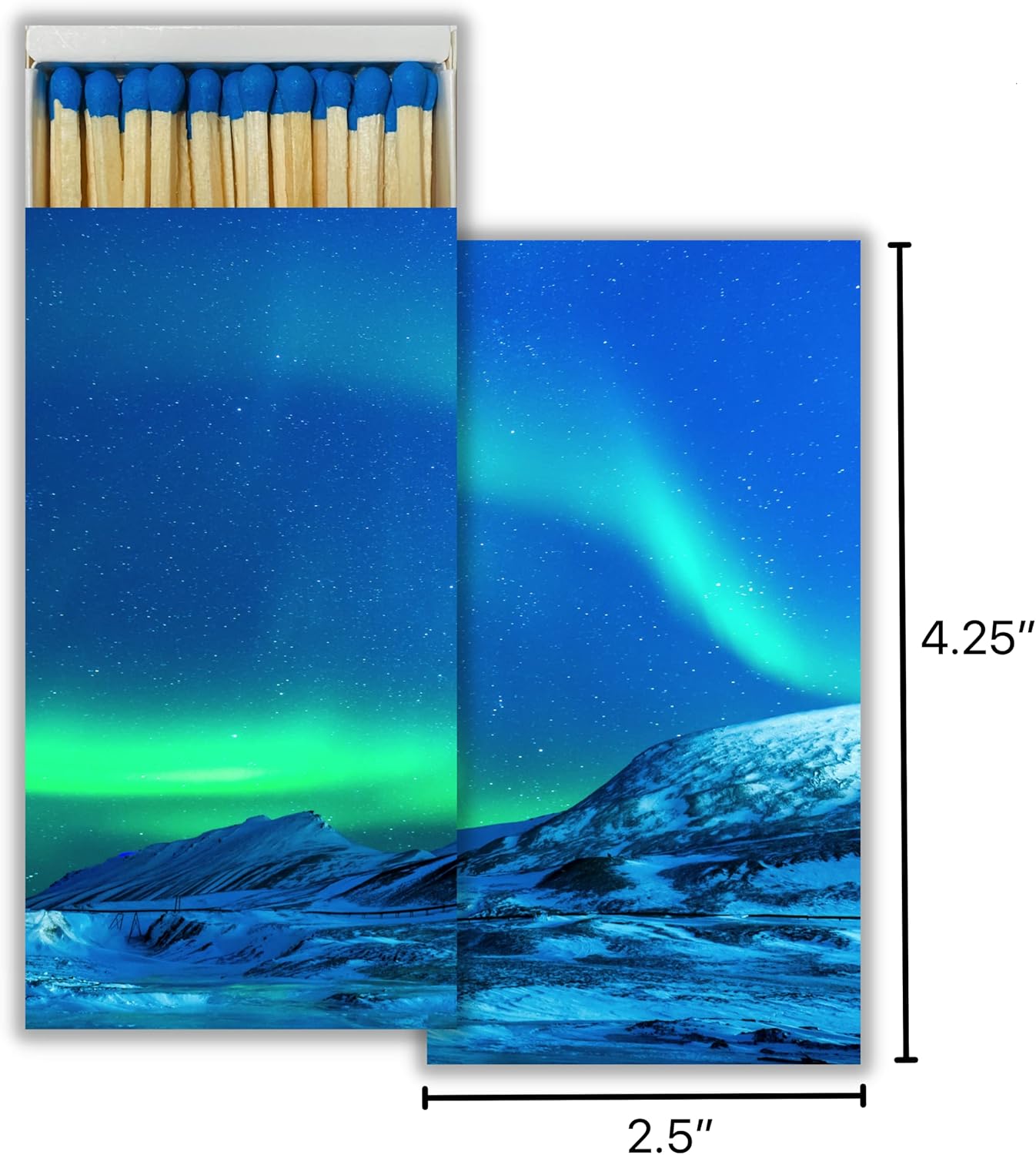 Aurora Borealis – Juego de 2 cajas de cerillas decorativas con cerillas de madera, ideal para iluminar velas, chimeneas, parrillas y más