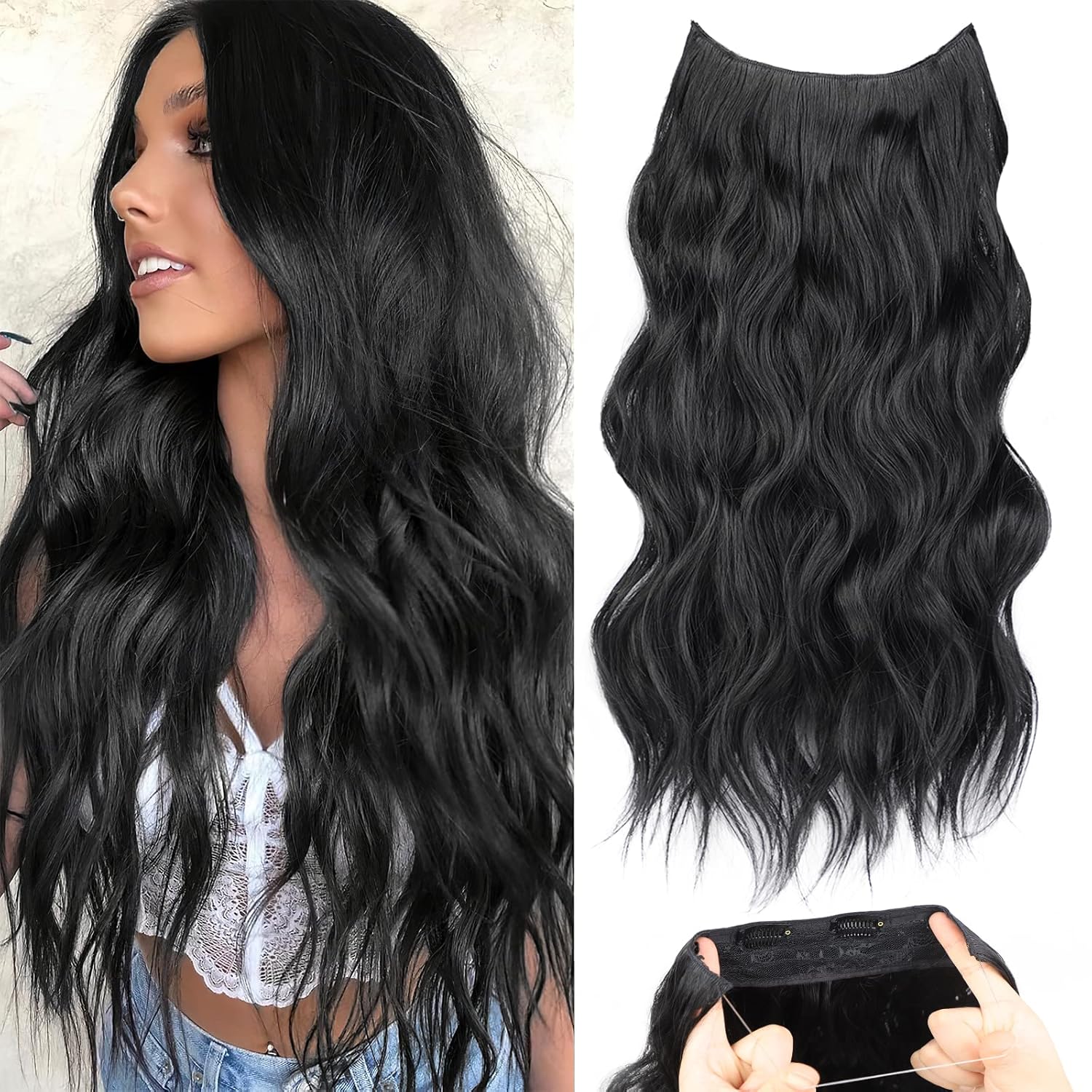 Extensión de cabello de alambre invisible con clips de seguridad, extensiones secretas de 20 pulgadas para mujer, extensiones onduladas sintéticas