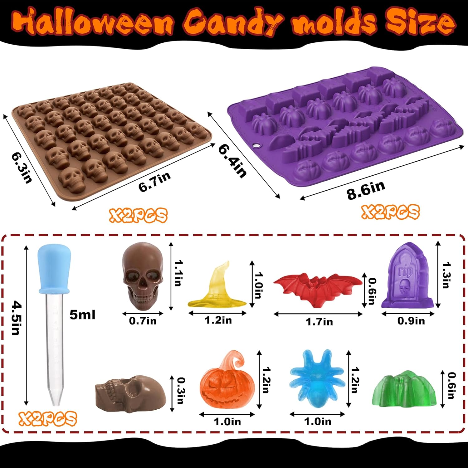 Moldes de silicona para gomitas de Halloween, paquete de 4 moldes de calavera para chocolate, calabaza, murciélago, araña, varios moldes temáticos