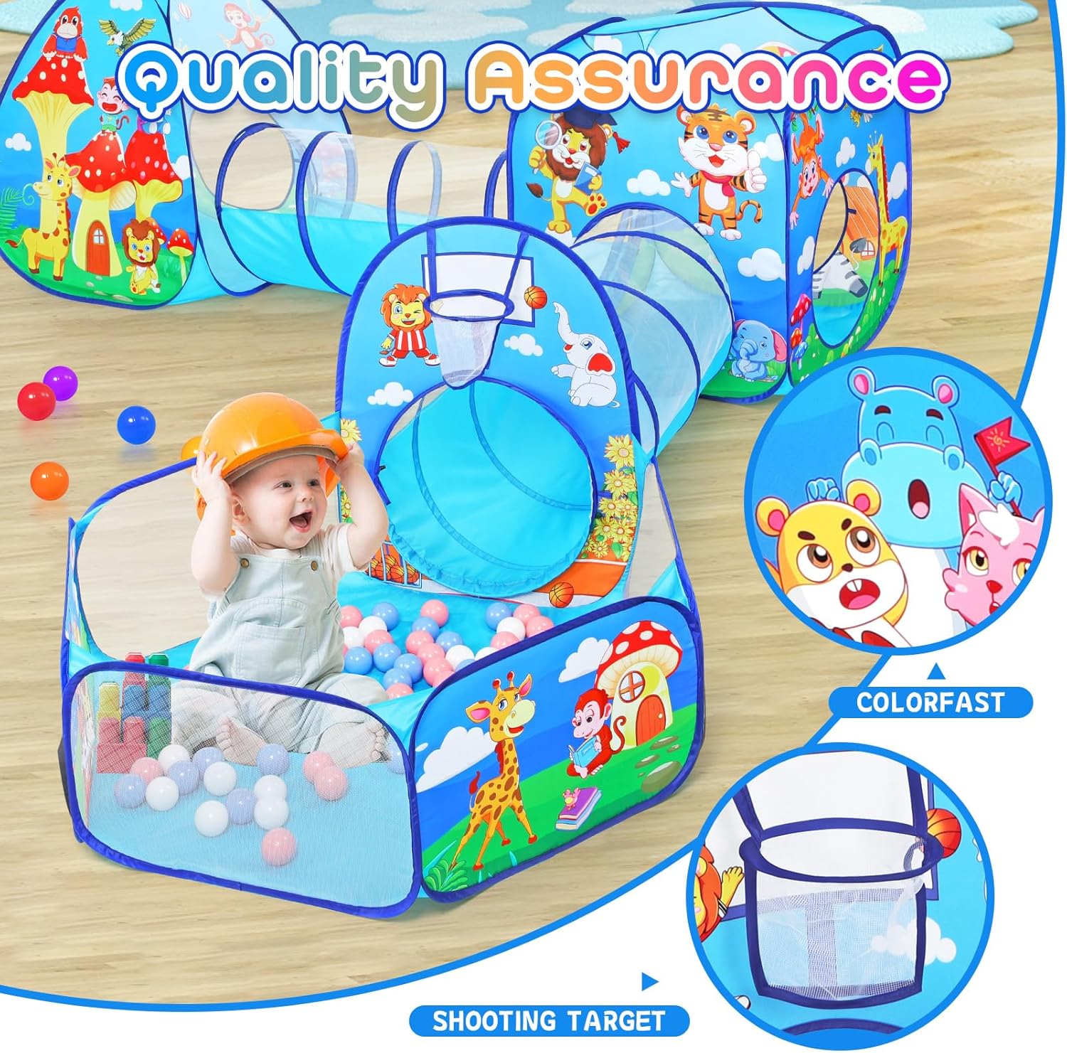 Tienda de campaña de juego para niños pequeños de 5 piezas con 1 hoyo de pelotas de bebé, 2 túneles de gateo para bebés, 2 tiendas de campaña