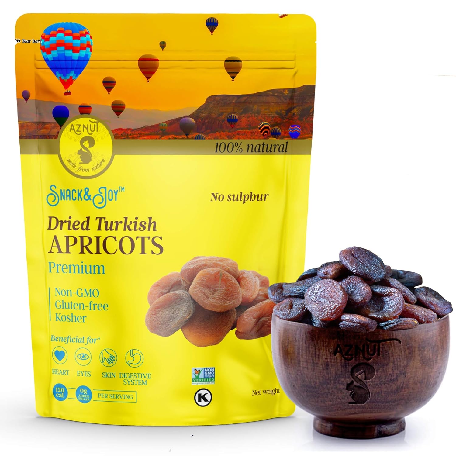 AZNUT Albaricoques secos turcos, sin sulfuro, sin azúcar añadido, 100% natural de calidad premium, certificado por proyecto sin OMG, Kosher, sin