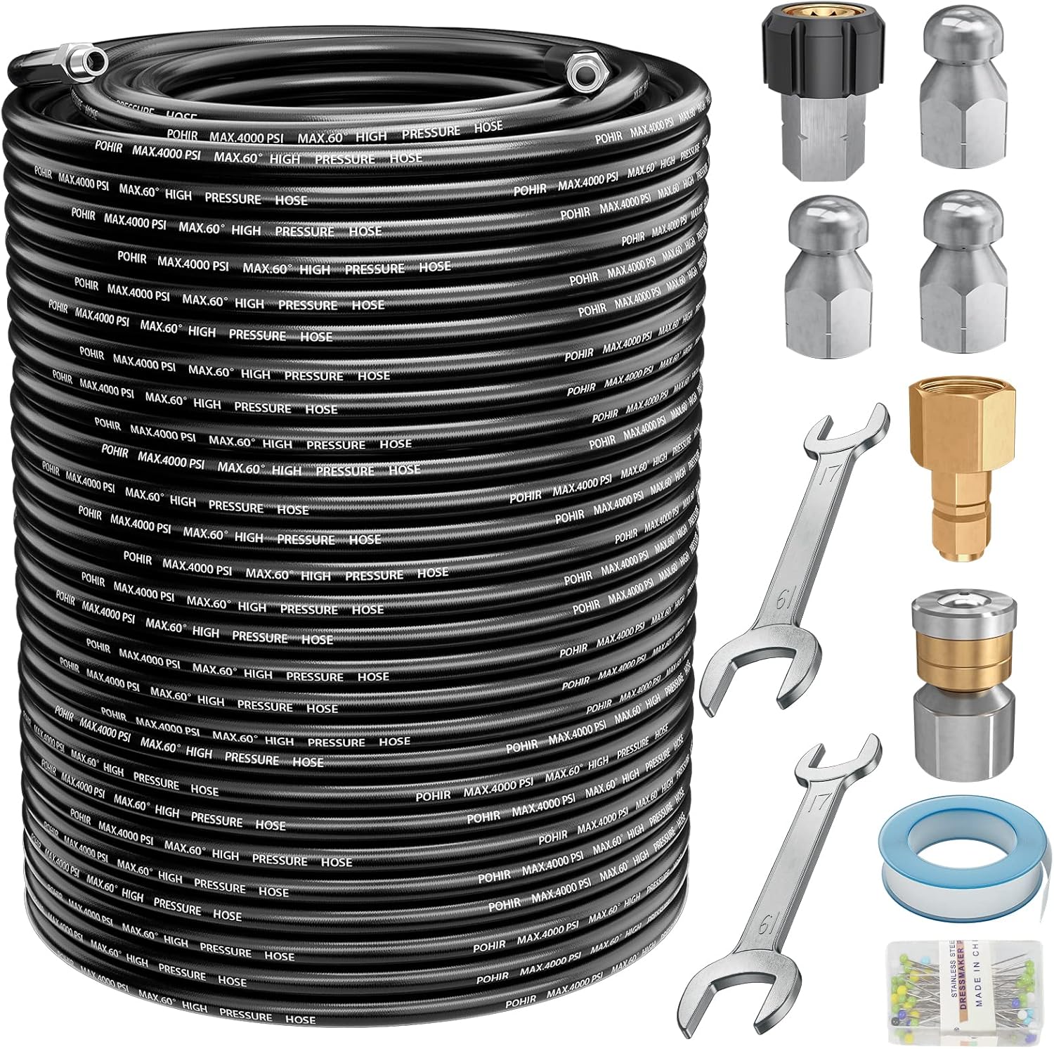 POHIR Kit de chorro de alcantarillado de 150 pies para lavadora a presión 4000PSI Kit de limpieza de drenaje hidrojet con botón de nariz de 14
