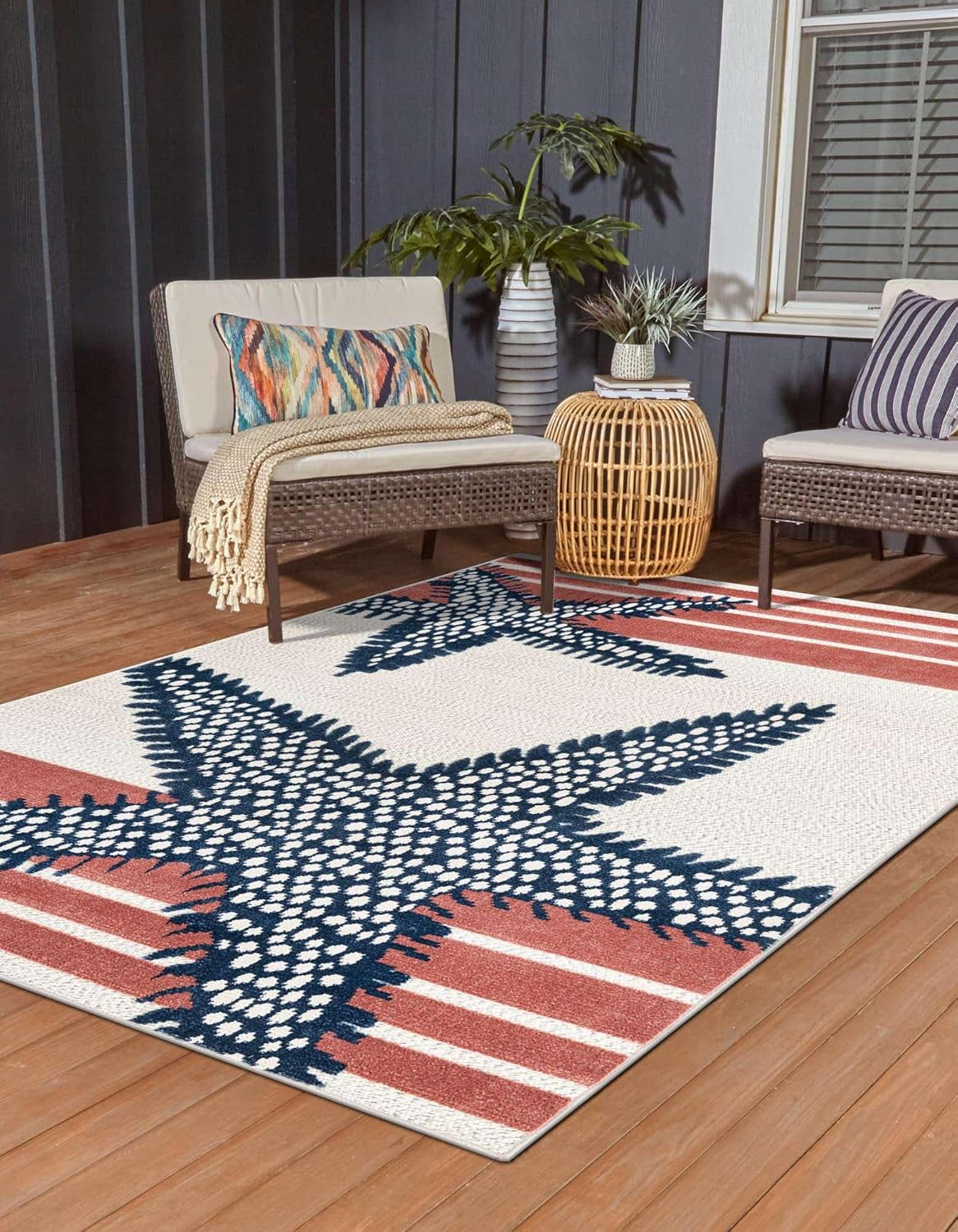 Unique Loom Belize Outdoor Collection – Alfombra rectangular de 7 pies 10 pulgadas x 10 pies, color marfil y naranja