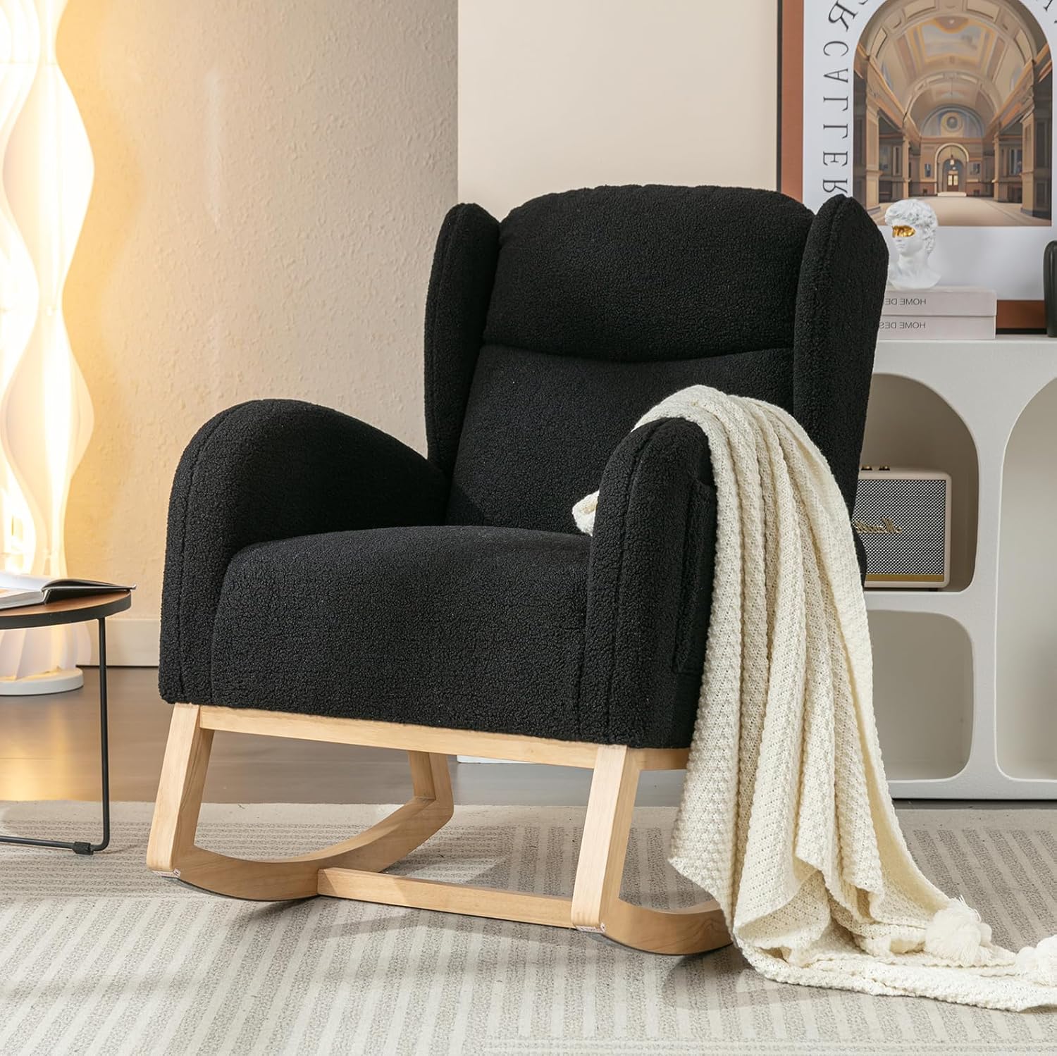 Mecedora de peluche para guardería, silla mecedora tapizada con bolsillo, silla moderna con respaldo de ala, cómoda silla de lectura con patas de
