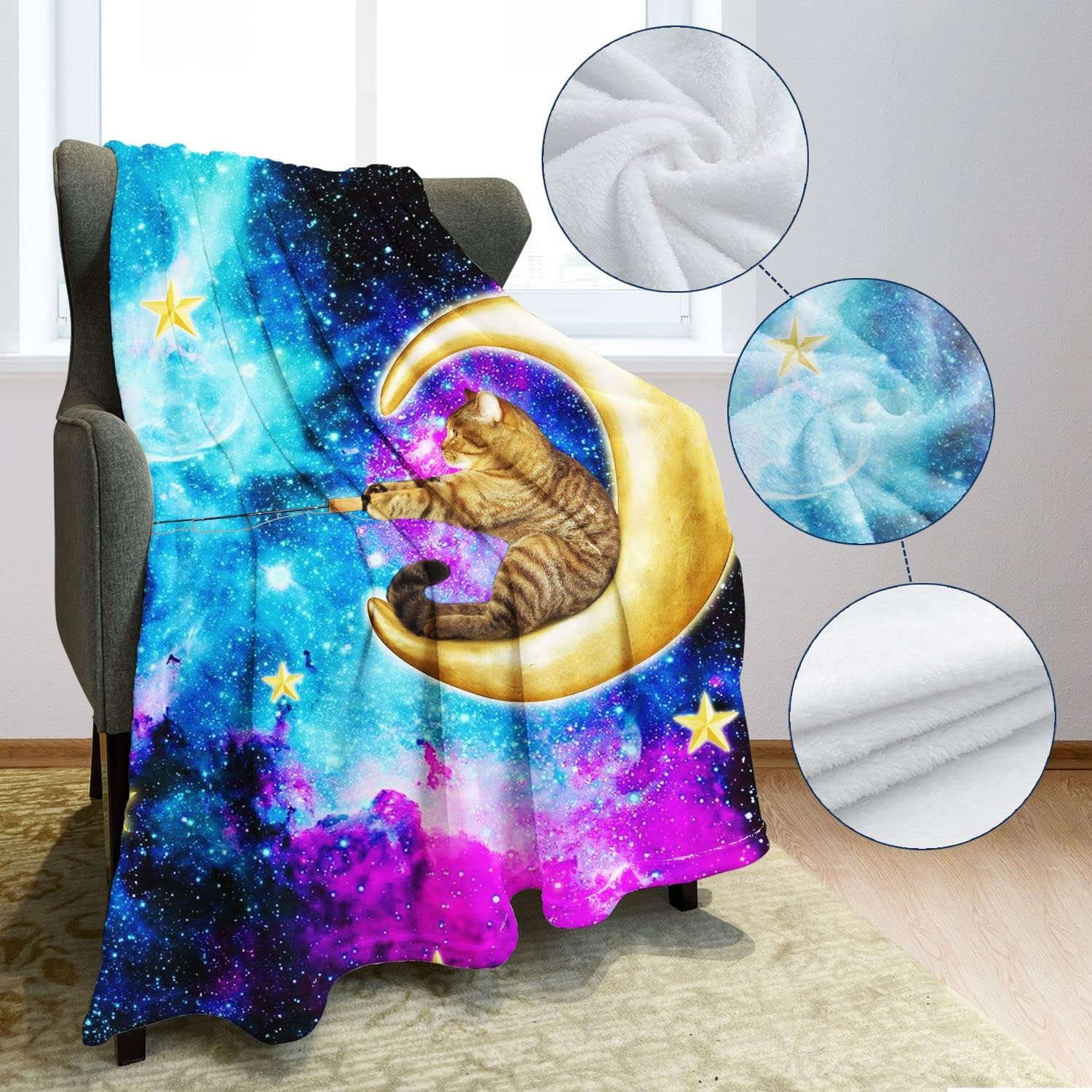 YISUMEI Manta de forro polar con diseño de dibujos animados y diseño de dibujos animados de gato de pesca en la luna y cielo estrellado, suave,