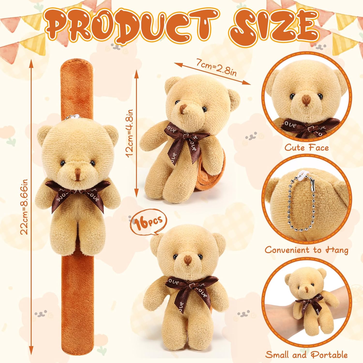 16 pulseras de animales de peluche, pulseras de oso de peluche para cachorros, de 8.66 pulgadas, adorables pulseras de muñeca a granel para el día