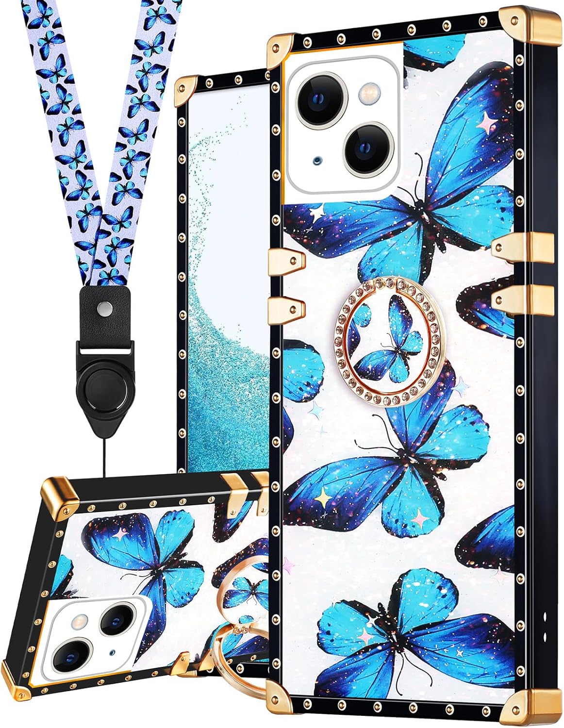 Loheckle Funda para iPhone 15 para mujeres y adolescentes, diseño cuadrado a la moda, lindo estuche con soporte de anillo y cordón, elegante diseño