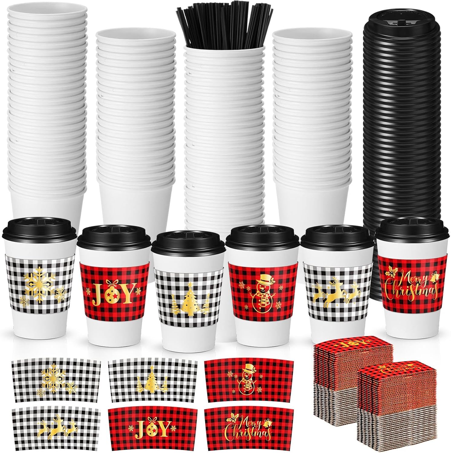 Meanplan Tazas de café desechables de Navidad de 12 onzas con tapas, popotes y fundas de papel de Navidad, tazas de papel de café con tapas planas
